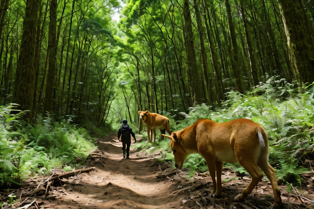 in the forest。One animal。it's coming。ゴミが散乱するin the forestを指し示している。