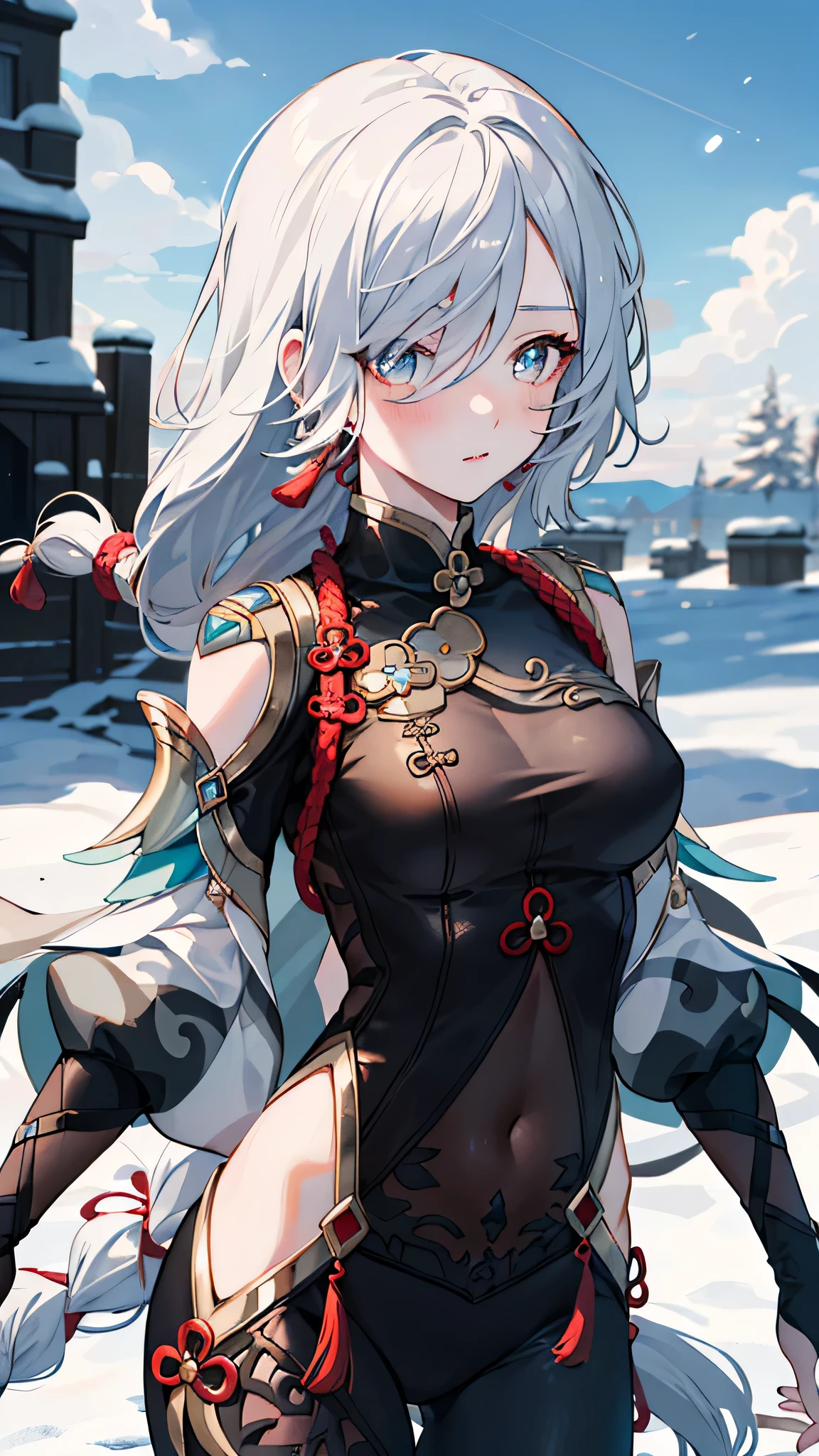 shenhedef, Upper body, seductive look, blush, Outdoor sports, snowflake landscape, looking at the audience, cloudy, Moody's Lighting, (Eye details perfect:1.2), glowing eyes, (Long hair in braids:1.2), Elemental skill effects, (masterpiece, best quality, high quality:1.4), Professional artwork, intricate details, imagine, sharp focus, detailed, Realistic lighting, Popular topics on pixiv, (vivid lights, bright colors:1.05), Realistic shadows, ambient occlusion, (athletic body:1.3), mature woman, 30 years old,
