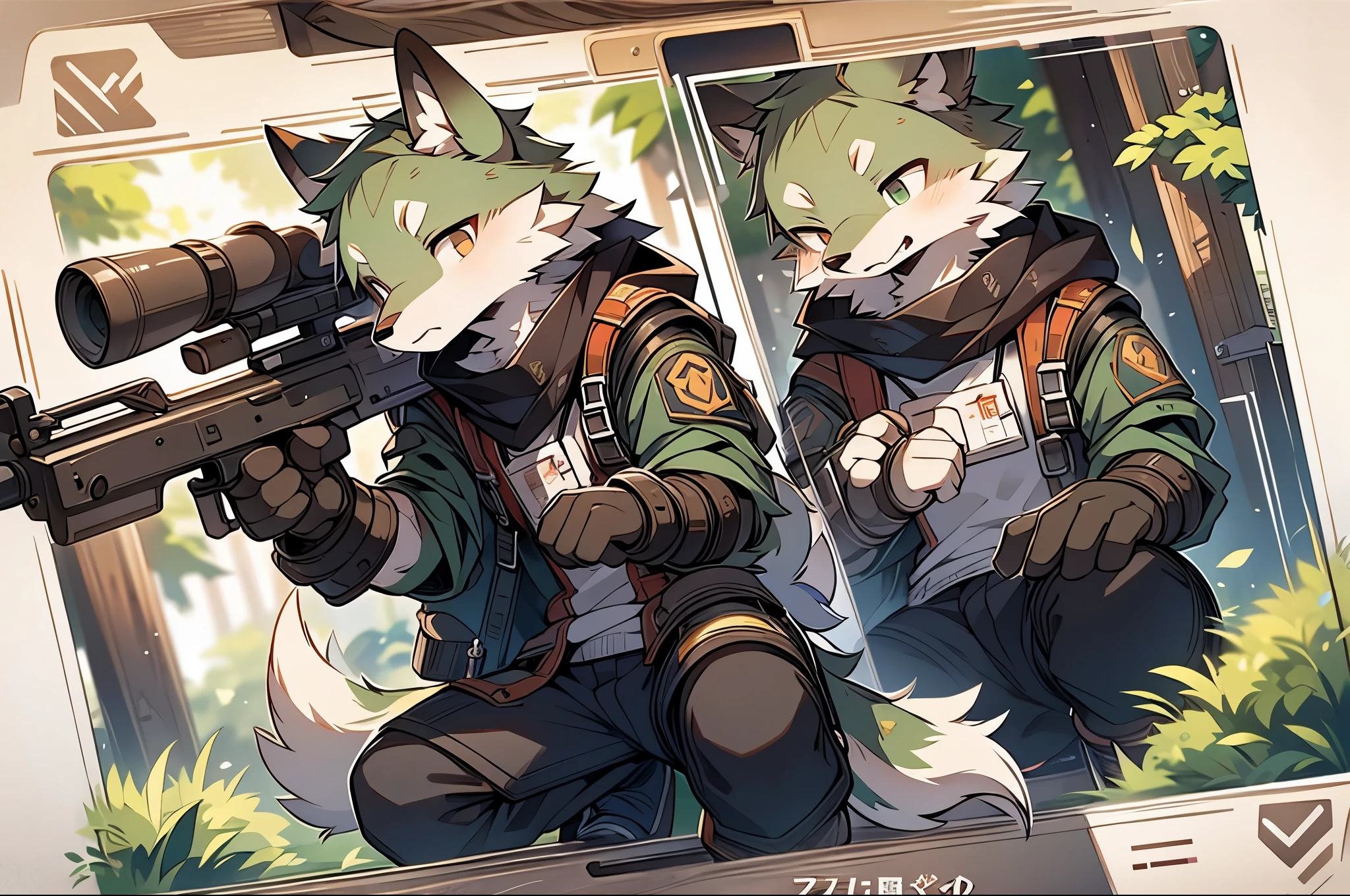 frame of trading card, UI Marks on the upper right and left bottom of the cygames style card.dark and green tone.  small anthro kemono fox Scout is crouching behind a tree and aiming his sniper rifle at a distant target. He is dressed in a camouflaged jacket and pants,with a bulletproof vest. meticulous post-war military scenes, soft-focus technique