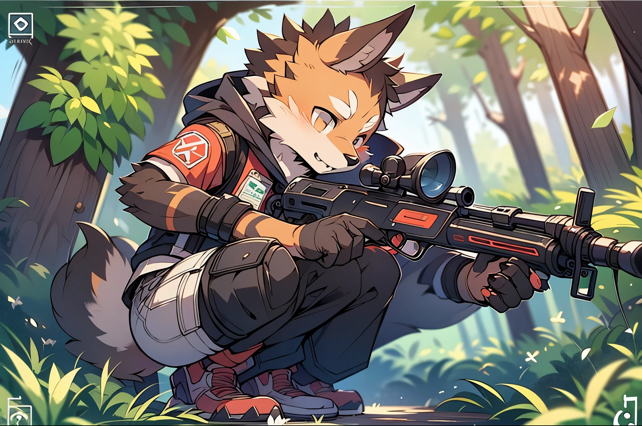 frame of trading card, UI Marks on the upper right and left bottom of the cygames style card.dark and green tone. 14 years old small anthro kemono fox Scout is crouching behind a tree and aiming his sniper rifle at a distant target. He is dressed in a camouflaged jacket and pants,with a bulletproof vest. meticulous post-war military scenes, soft-focus technique