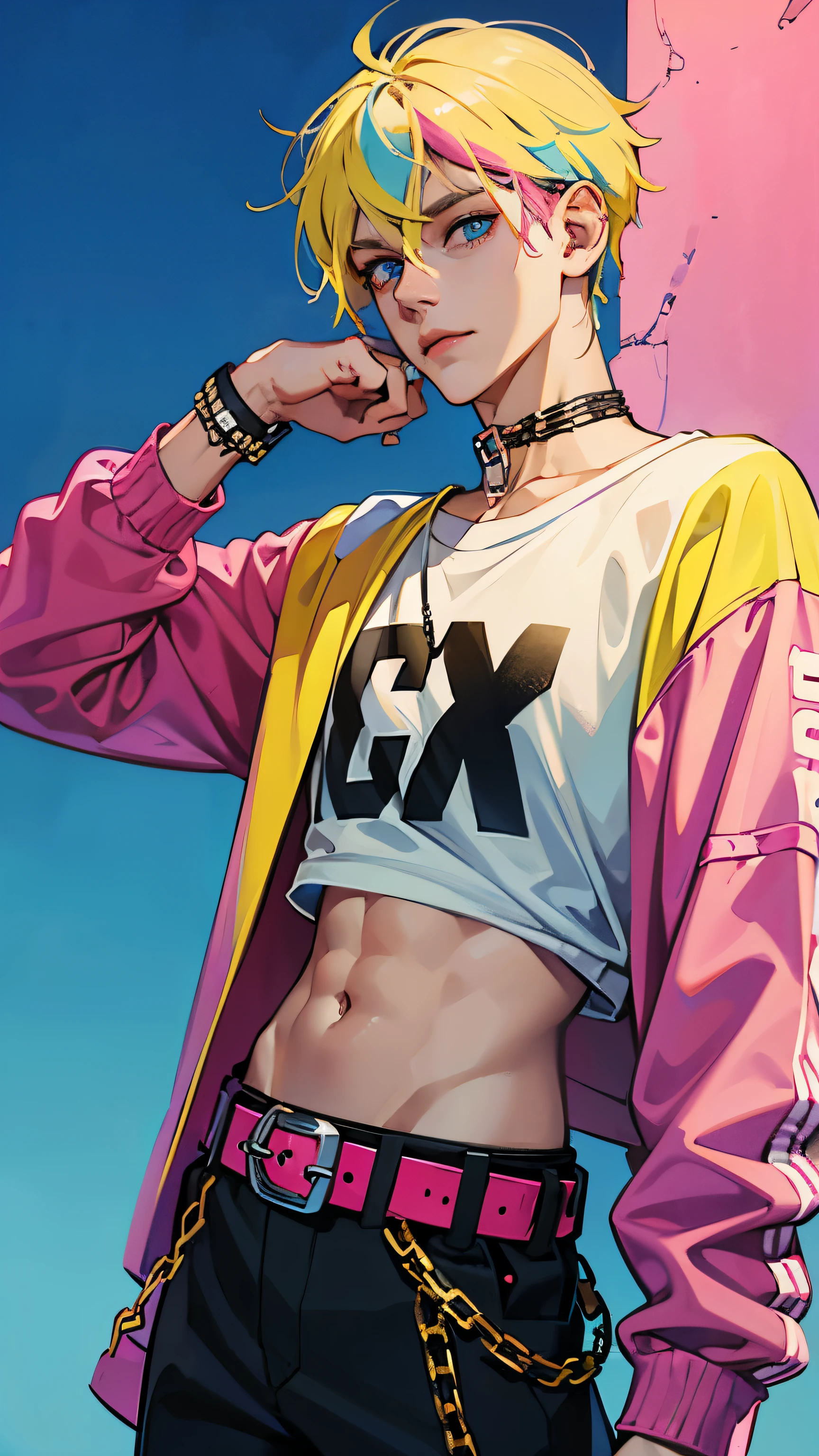 Punk guy, belts, chains, piercing, pastel yellow hair with pink highlights, Colorful prints on clothes, Faithful loose pants, берцы, hooligan, Blue eyes, simple background
