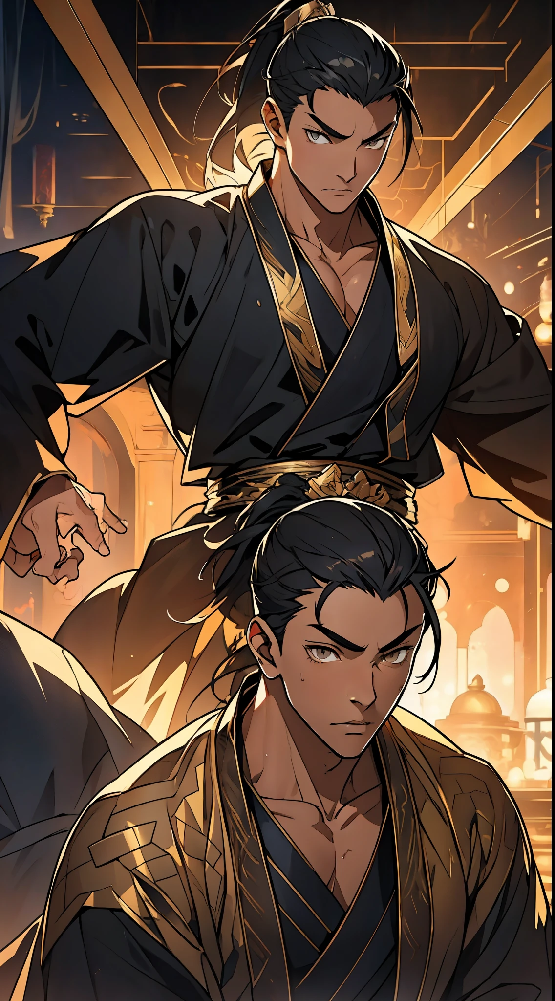 Two dimensions,anime style,one person(male warrior),proportions are correct,facial details,swordsman,high ponytail hairstyle,neck detail,Have an Adam's apple,Black and gold robe,joke,Black and gold robe,clothing details,Hand over,long sleeves,Game quality,fencing,Ray tracing,Ray tracing,Detailed glow,CG rendering,hair details,Long black and blond hair,Black-gold eyes,Handsome,Handsome,(Youthful feeling),Costumes are complicated,Perfect composition,refine,high quality,higher details,many details,Complex background,a sense of atmosphere,