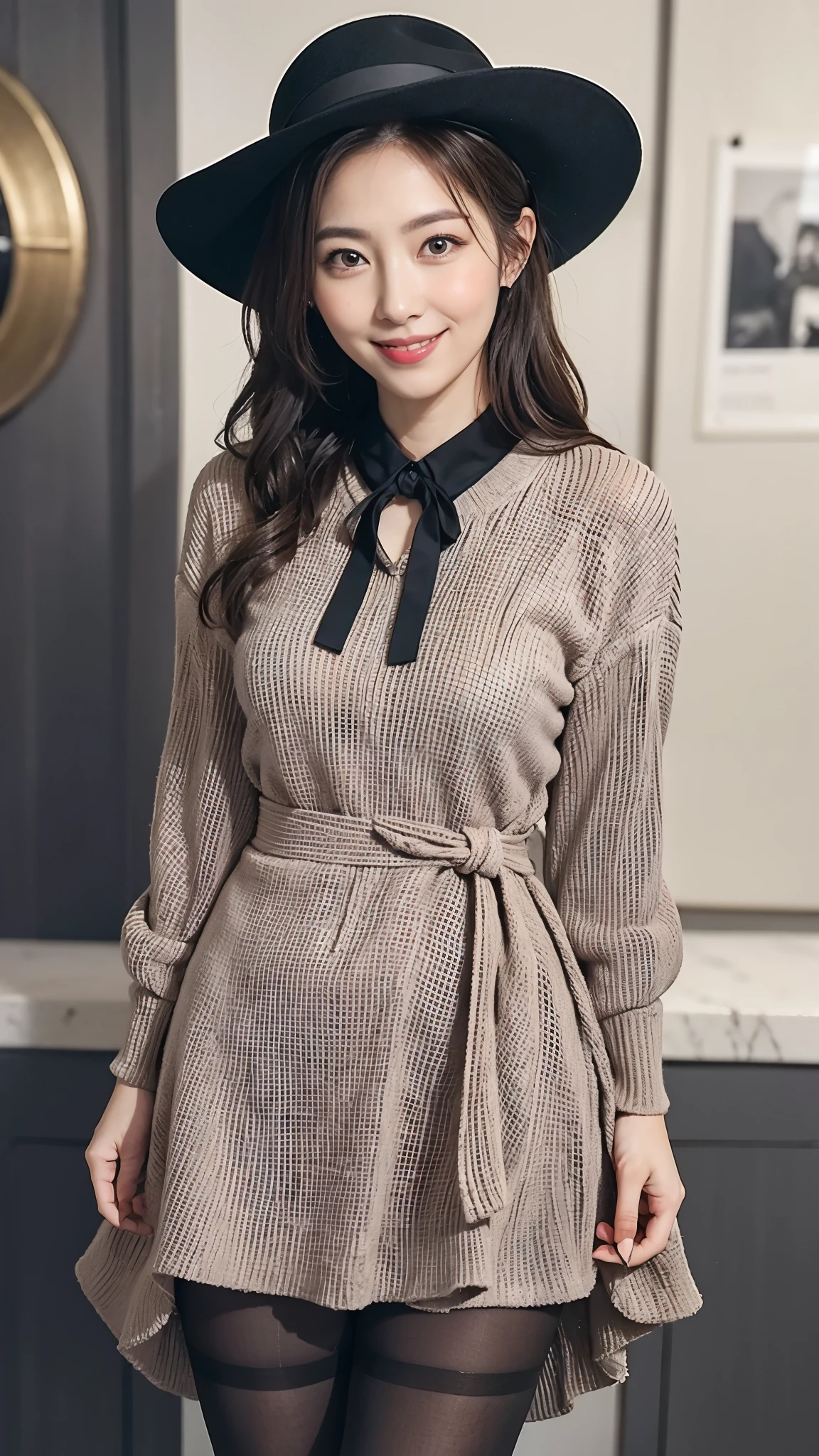 ulzzang-6500-v1.1, (RAW photo:1.2), (Photoreal), (muste piece), (genuine:1.4), Upper class mature woman wearing elegant formal dress in random colors、Wearing ultra-realistic pantyhose、(very affectionate smile:1.2)、