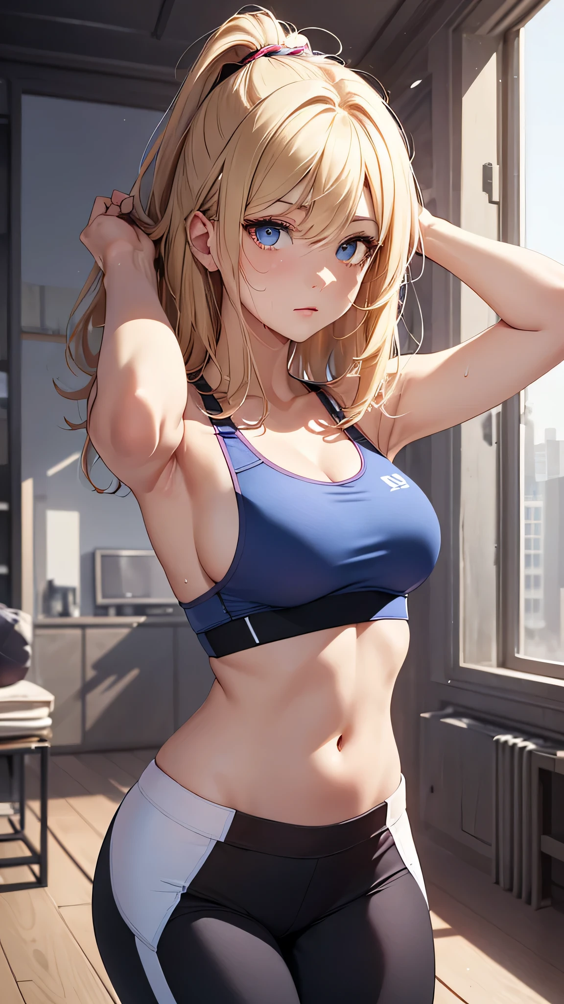 最high quality、best image quality、masterpiece、age girl((20-year-old、 By becoming、vest bust、medium bust,wide open breast tea、black eye, blonde hair、long hair、thin,highest valley、blue sports bra(1:2)、Blue sports pants、Punching Pose、sweating、scattering of sweat、Flushed body)),high quality、beautiful art、background((virtual studio、Live feeling))debris flies、Depth of written boundary、movie、visual art、perfect art、8k,genuine、