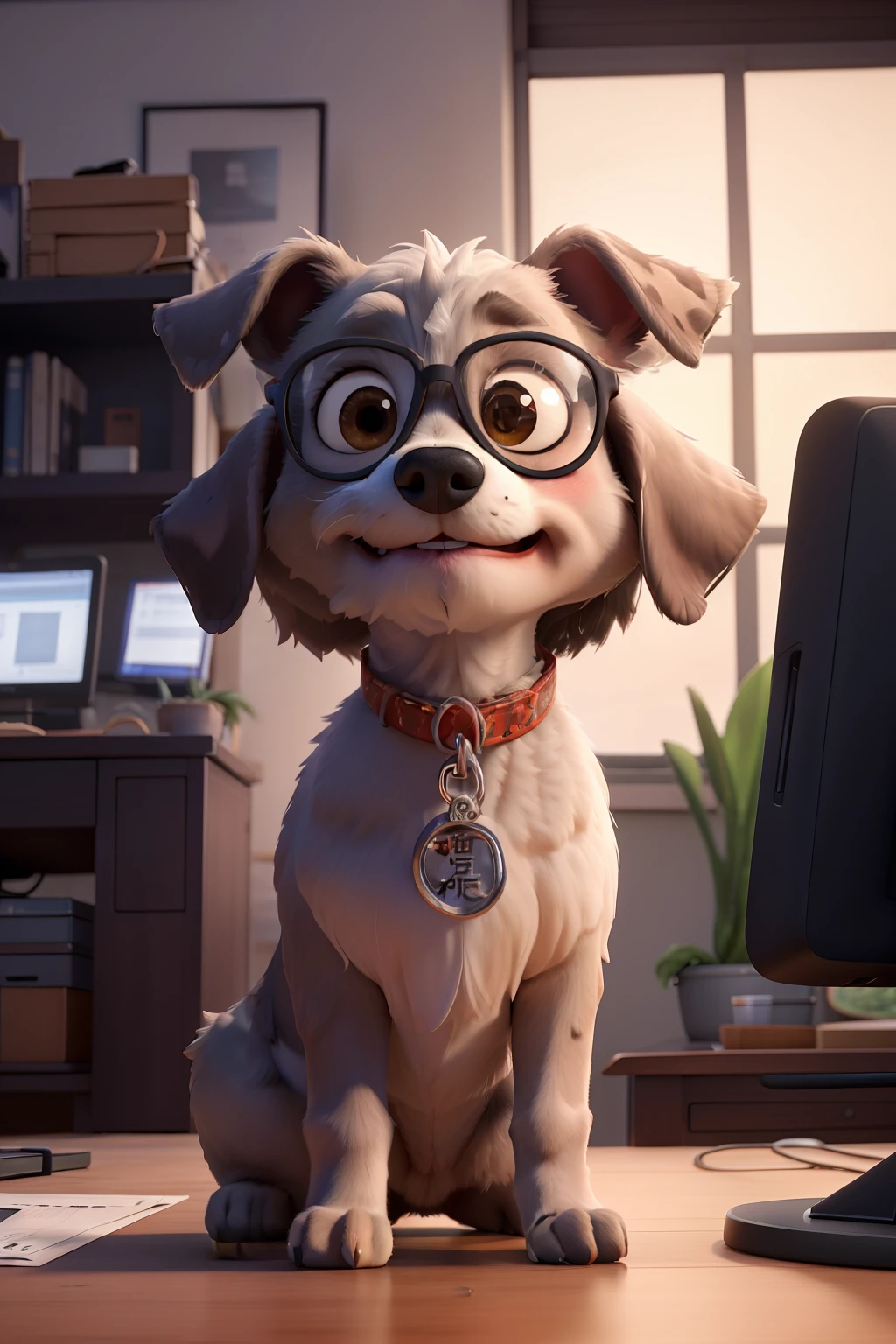 ((best quality)), ((杰作)), (详细的), 完美的臉,cute schnauzer,sunglasses, Typing on the keyboard, Sit in a chair in front of the computer, rich textures,8K