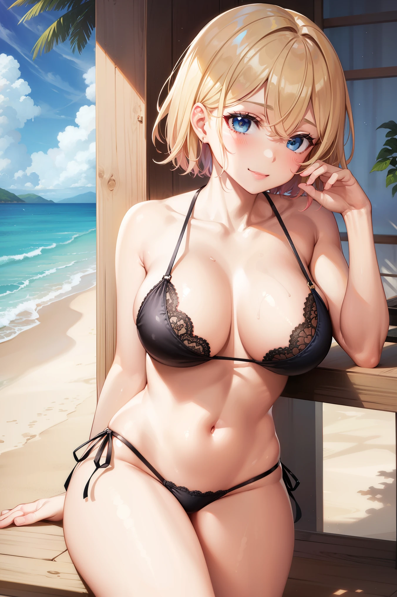 anyway naughty girl, lace bikini, smile, beautiful short hair,  blound hair, mediumvblue eyes, big droopy eyes, beach, selfish, sexually suggestive