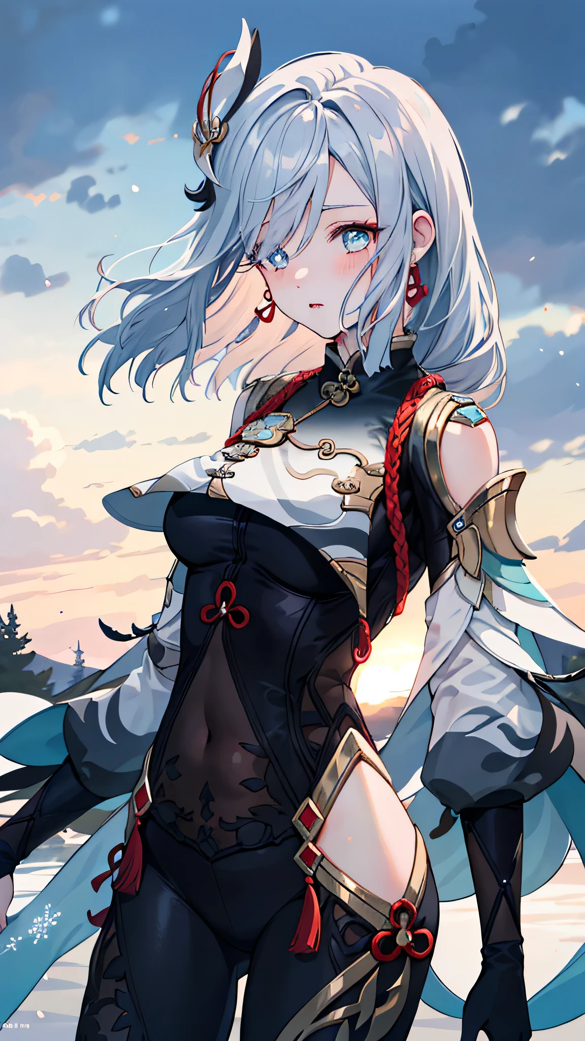 shenhedef, Upper body, seductive look, blush, Outdoor sports, snowflake landscape, looking at the audience, cloudy, Moody's Lighting, (Eye details perfect:1.2), glowing eyes, (Long hair in braids:1.2), Elemental skill effects, (masterpiece, best quality, high quality:1.4), Professional artwork, intricate details, imagine, sharp focus, detailed, Realistic lighting, Popular topics on pixiv, (vivid lights, bright colors:1.05), Realistic shadows, ambient occlusion, (athletic body:1.3), mature woman, 30 years old,