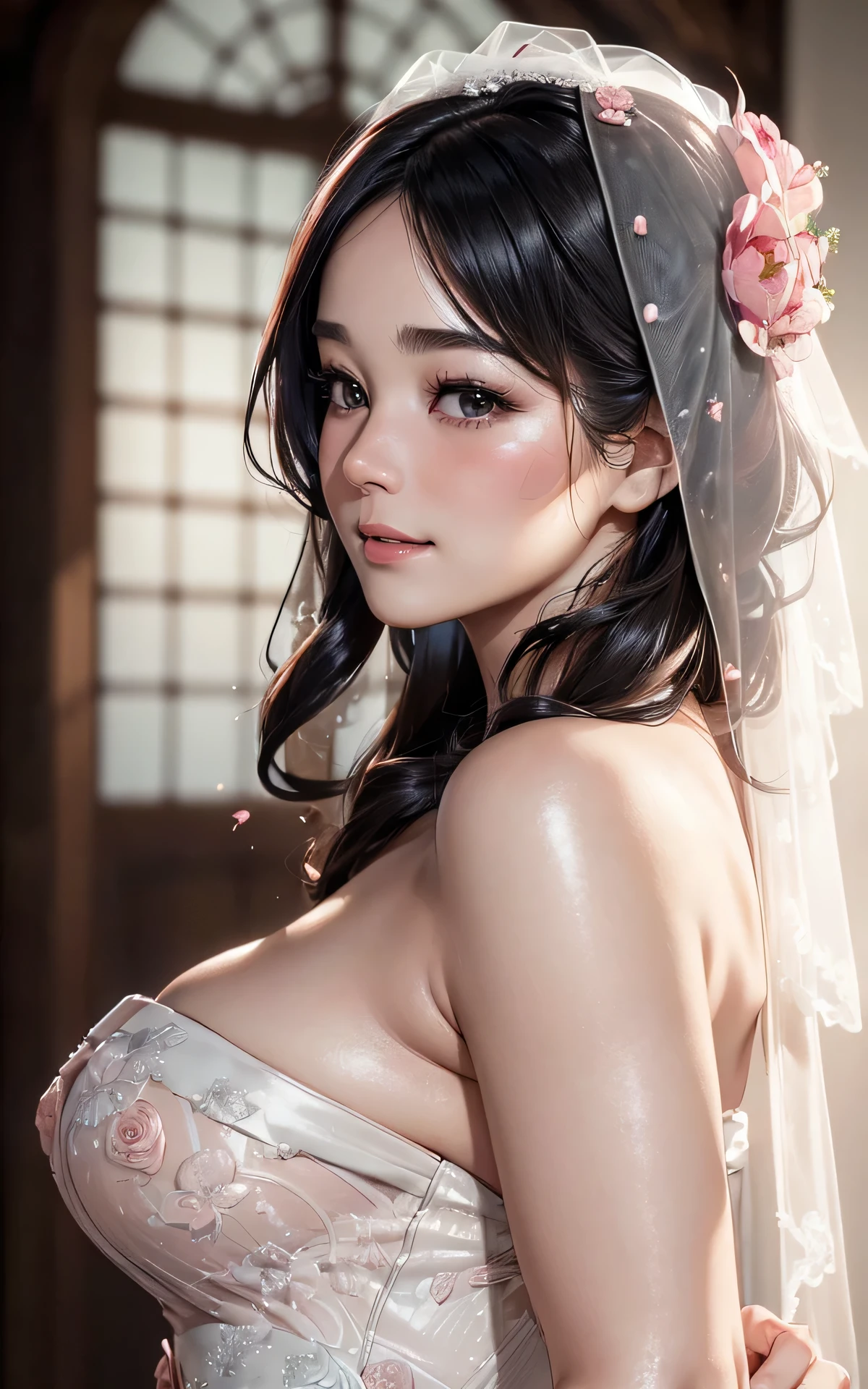 absurderes:2.0、(Blush、from side:1.3、wedding veil:1.4)、japanese actress、solo, realistic, Unity 8K Wallpaper, Masterpiece, Realistic face, Realistic skin feeling ,detailed hair, highly detailed, realistic glistening skin, light makeup, (wedding dress:1.6、curvy、big breasts, black eyes)、 light smile
