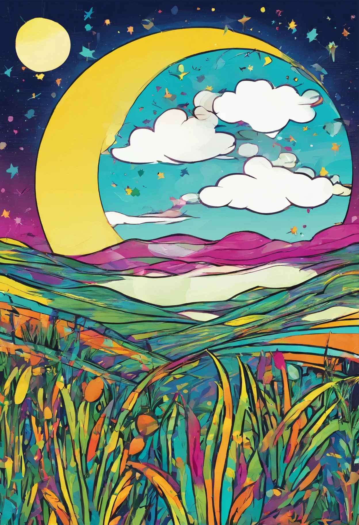 moon grass Cheers scene of glasses of the sun The background is space