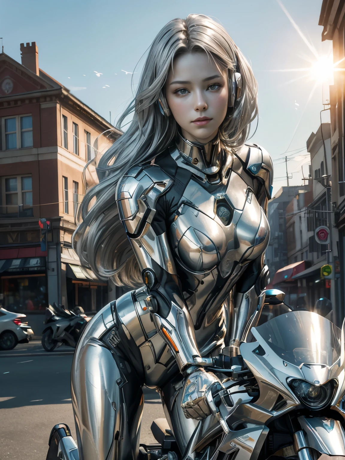 25 year old colossus style woman,(((A woman with a mechanized body))), slime, Dynamic Posedium: 1.3), (realistic:1.5), (realistic:1.4), 8k, Super detailed beautiful girl, 1 girl, (a sunny day:1.5), intricate body details, (short: 1.3), (highest quality: 1.0), (Super high sharpness: 1.0), (Silvery hair:1.4),(Beautiful and detailed eye depiction),(riding a motorcycle:1.4),unreal engine:1.4,photorealistic:1.4, skin texture:1.4, master piece:1.8,highest quality at best,(Wearing a communication headset、future city