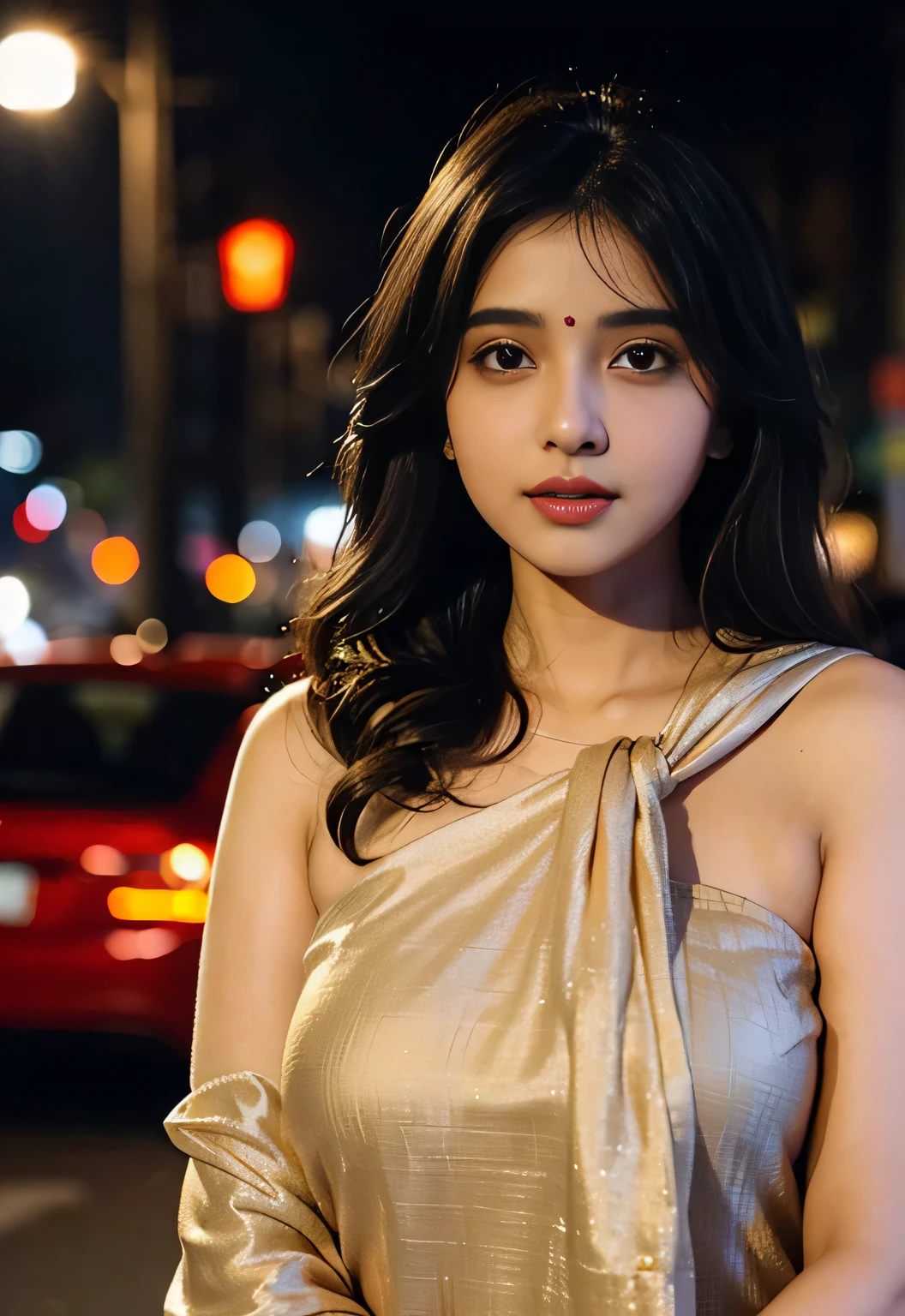 (((desi girl))), chubby face, natural skin, wearing hot deep neck top and dupatta, charming black hair, ((hair ends are blonde)), city streets background, bokeh