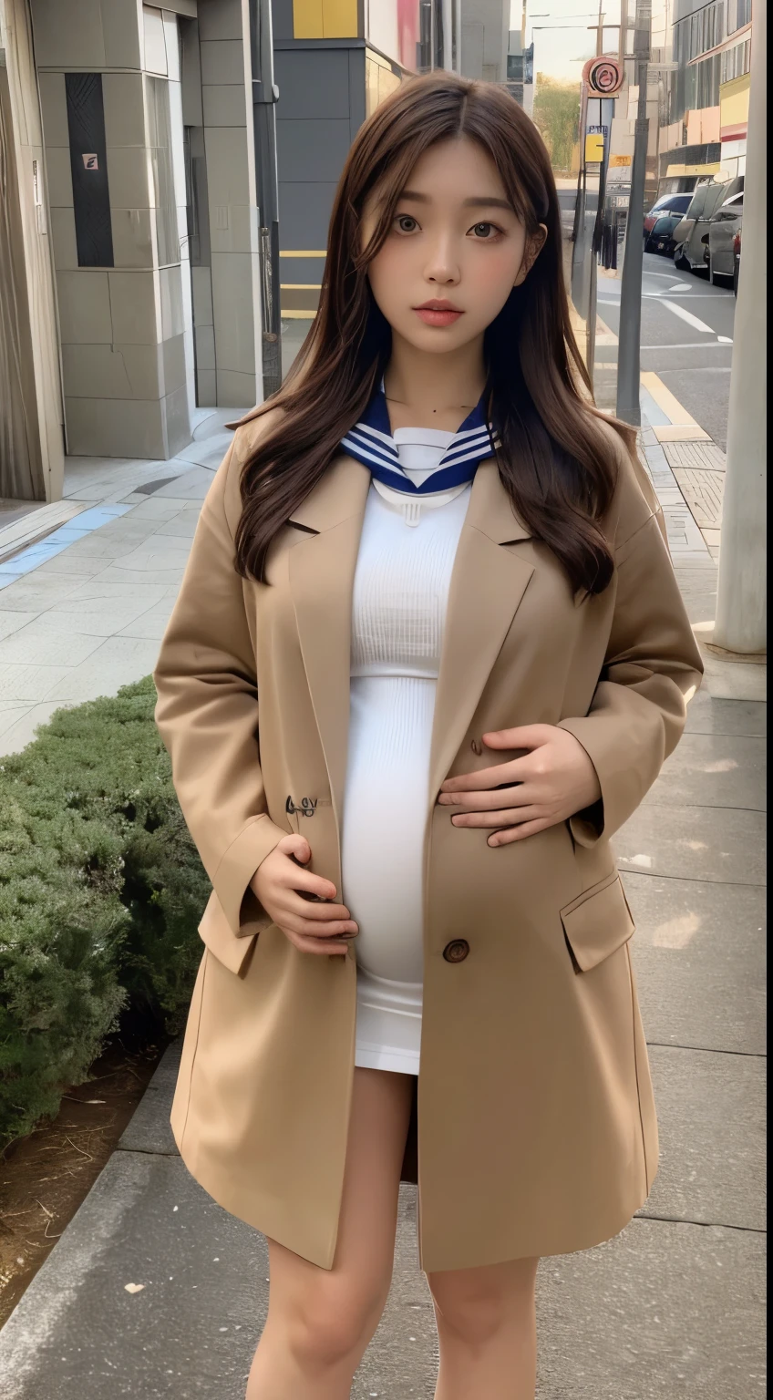 ((Night Scene, Realistic Light, Best Quality, 8k, Masterpiece: 1.3)), 1girl, Pretty Woman with Slender Body: 1.4, (Brown Hair,gigantic Breasts:1.4), (huge pregnant, pregnant with triplets), Bed, Super Detailed Face, Detailed Eyes, Double Eyelids , asian woman posing for photo in pink skirt and white shirt, japanese girl school uniform, korean girl, japanese school uniform, loose coat collar sailor uniform, sakimichan, amazing student uniform, white fashionable clothes, ulzzang, wearing japanese school uniform , sleek white bodysuit set, cute kawaii girl, Korean women's fashion model