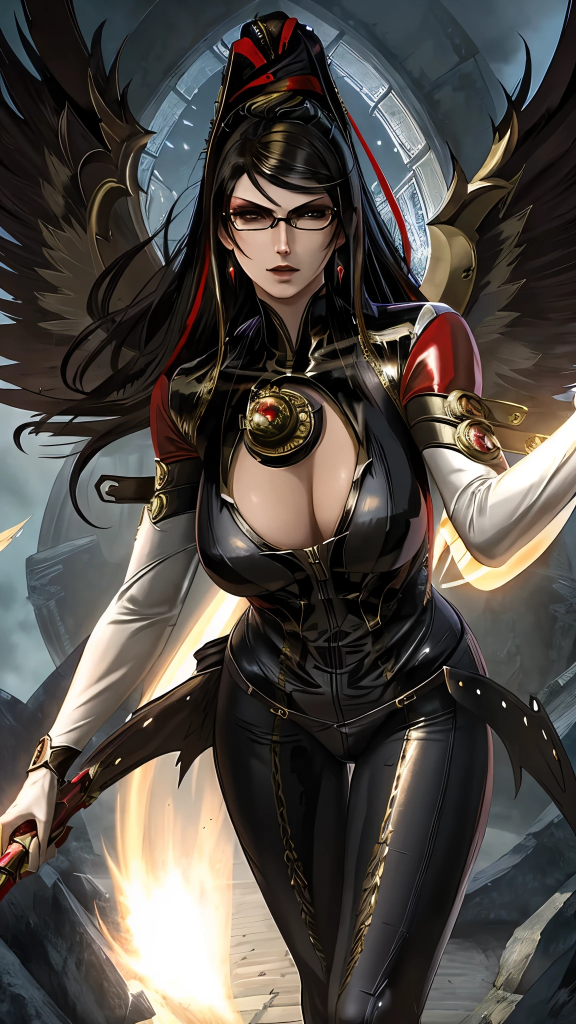 Bayonetta, detailed portrait, powerful and action-packed character, witch, leather costume, red and dark hair, fierce expression, combat poses, dynamic movements, celestial weapons, angelic wings, flying shards of glass, mysterious atmosphere, lighting effects stunning, artistic pose, highly detailed cover, stunning contrast, game heroine, provocative femme fatale, elegant and glamorous, action-adventure game, elegant combat, graceful movements, exaggerated action, combat magic, fierce battles, otherworldly setting , dark fantasy setting, vivid colors, masterpiece: 1.2, realistic