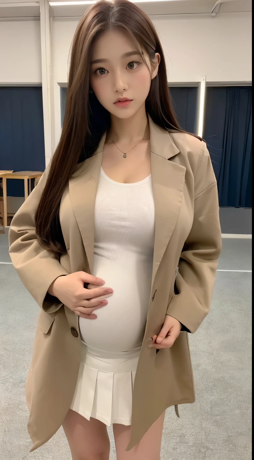 ((Night Scene, Realistic Light, Best Quality, 8k, Masterpiece: 1.3)), 1girl, Pretty Woman with Slender Body: 1.4, (Brown Hair,gigantic Breasts:1.4), (huge pregnant:1.3, pregnant with triplets), Bed, Super Detailed Face, Detailed Eyes, Double Eyelids , asian woman posing for photo in pink skirt and white shirt, japanese girl school uniform, korean girl, japanese school uniform, loose coat collar sailor uniform, sakimichan, amazing student uniform, white fashionable clothes, ulzzang, wearing japanese school uniform , sleek white bodysuit set, cute kawaii girl, Korean women's fashion model