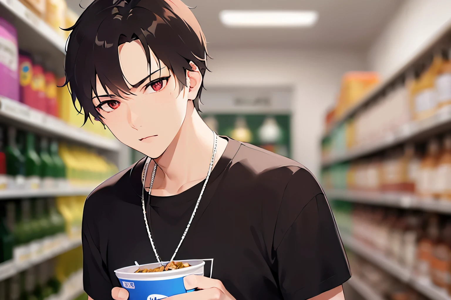 cinematic angle, masterpiece、highest quality、(25 year old male:1.5) and (brown short hair) and (red eyes), (Wearing a plain black T-shirt:1.5)、serious expression、The background is a liquor store、(Alone:1.5)