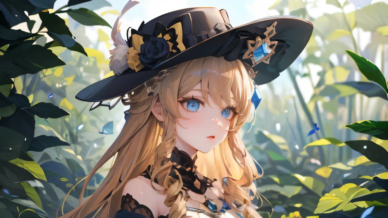 (best quality,highres),Navia from Genshin Impact , Anime style, fireflies in the background, computer graphics, A high resolution, Best quality, Masterpiece, (bisojo:1.3), (computer graphics игры), There is a hat on his head , Butterflies fly against the background of nature ,Beautiful eyes, gaze , detailed picture, long hair , Masterpiece