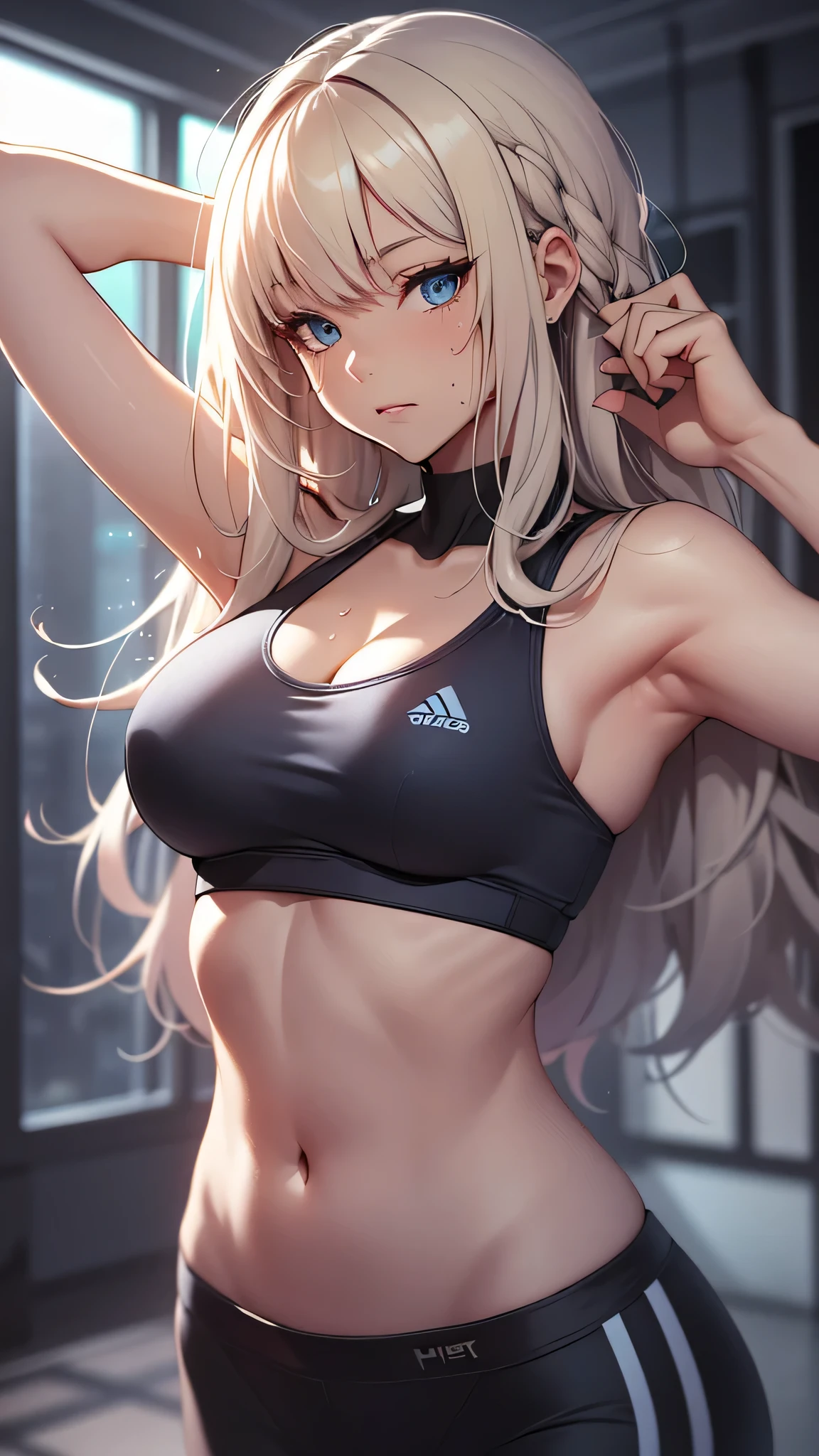 最high quality、best image quality、masterpiece、age girl((20-year-old、 By becoming、vest bust、medium bust,wide open breast tea、black eye, blonde hair、long hair、thin,highest valley、blue sports bra(1:2)、Blue sports pants、Punching Pose、sweating、scattering of sweat、Flushed body)),high quality、beautiful art、background((virtual studio、Live feeling))debris flies、Depth of written boundary、movie、visual art、perfect art、8k,genuine、