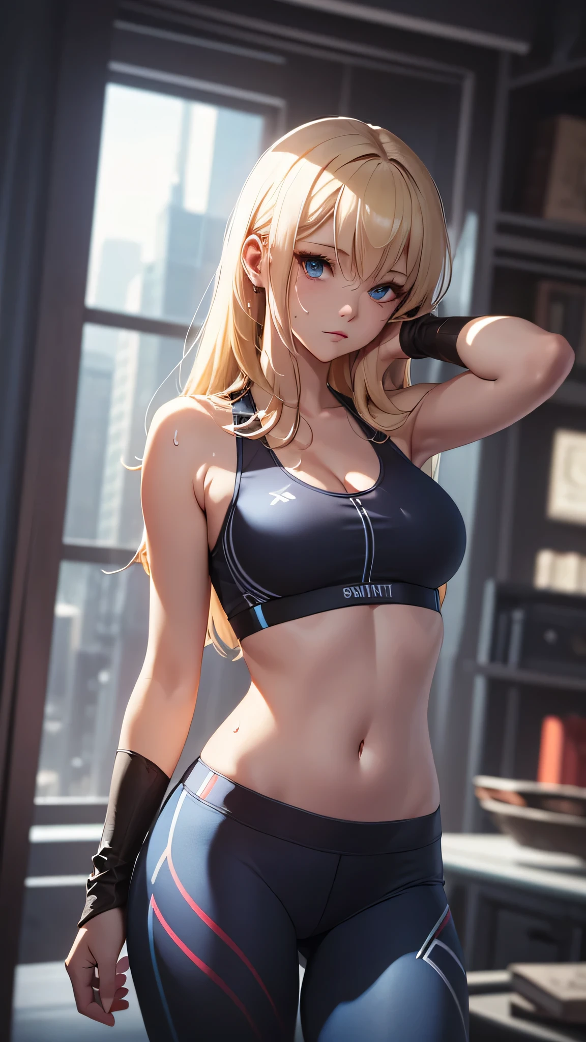最high quality、best image quality、masterpiece、age girl((20-year-old、 By becoming、vest bust、medium bust,wide open breast tea、black eye, blonde hair、long hair、thin,highest valley、blue sports bra(1:2)、Blue sports pants、stretch、sweating、scattering of sweat、Flushed body、Pose that emphasizes the chest)),high quality、beautiful art、background((virtual studio、Live feeling))debris flies、Depth of written boundary、movie、visual art、perfect art、8k,genuine、