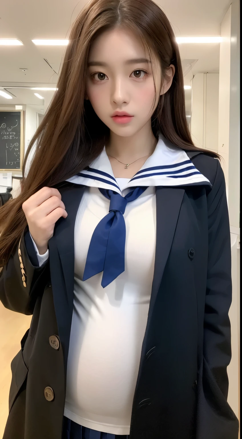 ((Night Scene, Realistic Light, Best Quality, 8k, Masterpiece: 1.3)), 1girl, Pretty Woman with Slender Body: 1.4, (Brown Hair,gigantic Breasts:1.4), (huge pregnant:1.4, pregnant with triplets), Bed, Super Detailed Face, Detailed Eyes, Double Eyelids , asian woman posing for photo in pink skirt and white shirt, japanese girl school uniform, korean girl, japanese school uniform, loose coat collar sailor uniform, sakimichan, amazing student uniform, white fashionable clothes, ulzzang, wearing japanese school uniform , sleek white bodysuit set, cute kawaii girl, Korean women's fashion model