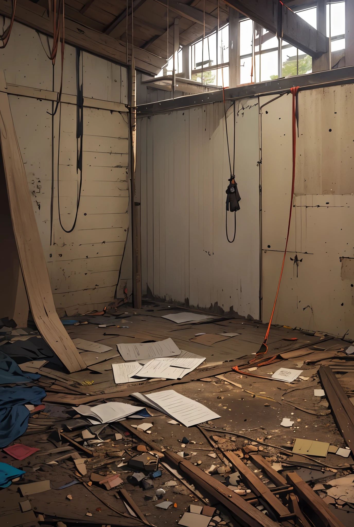 inside a room,Large viewing angle,frightened man,mtu,Panic Disorder,The environment is in a dilapidated state,dangling,pull the rope,torn outfit,nets,ropes,ligne