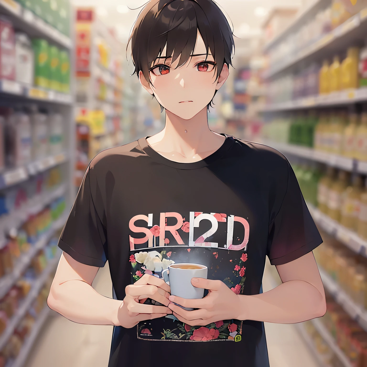 cinematic angle, masterpiece、highest quality、(25 year old male:1.5) and (brown short hair) and (red eyes), (Wearing a plain black T-shirt:1.5)、serious expression、The background is a liquor store、(Alone:1.5)
