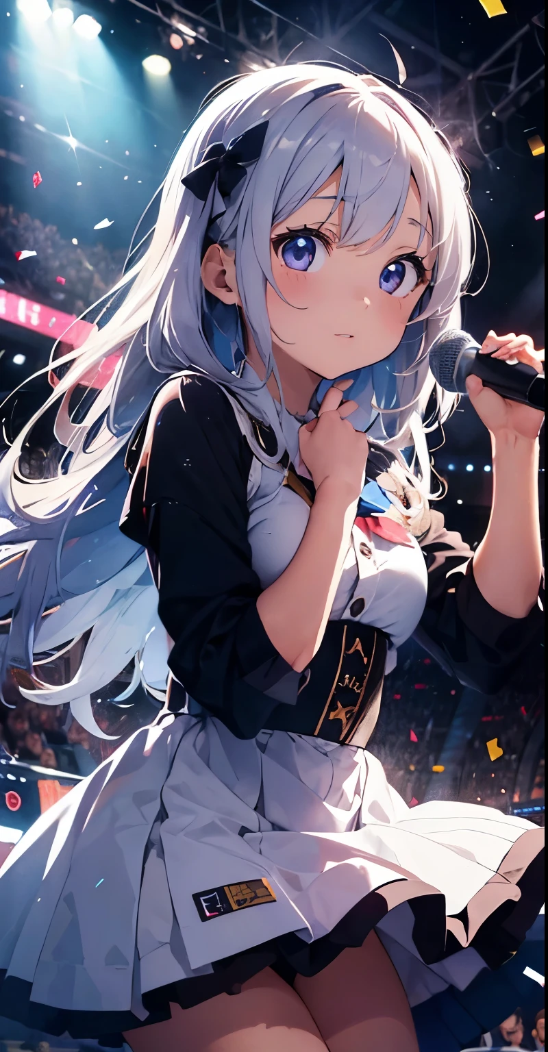 (muste piece), (best quality), very detailed, ((1 girl)), solo focus，Low - Angle，dynamic，jump，((A big smile))，wink，perfect face, beautiful face, very detailedな顔，(white long hair_blue eyes:1.3)，idol costume，solo idol，ribbon hair ornament，concert dome，live，have a microphone，singing，smiling with mouth wide open，Laser Light，Spotlight，Lots of confetti