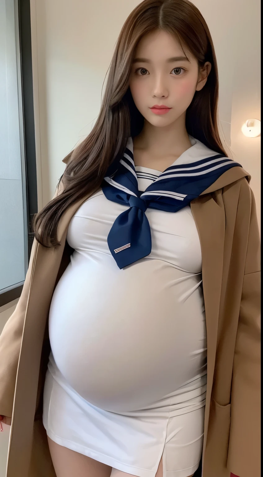 ((Night Scene, Realistic Light, Best Quality, 8k, Masterpiece: 1.3)), 1girl, Pretty Woman with Slender Body: 1.4, (Brown Hair,gigantic :1.4), (huge pregnant:1.3), Bed, Super Detailed Face, Detailed Eyes, Double Eyelids , asian woman posing for photo in pink skirt and white shirt, japanese girl school uniform, korean girl, japanese school uniform, loose coat collar sailor uniform, sakimichan, amazing student uniform, white fashionable clothes, ulzzang, wearing japanese school uniform , sleek white bodysuit set, cute kawaii girl, Korean women's fashion model