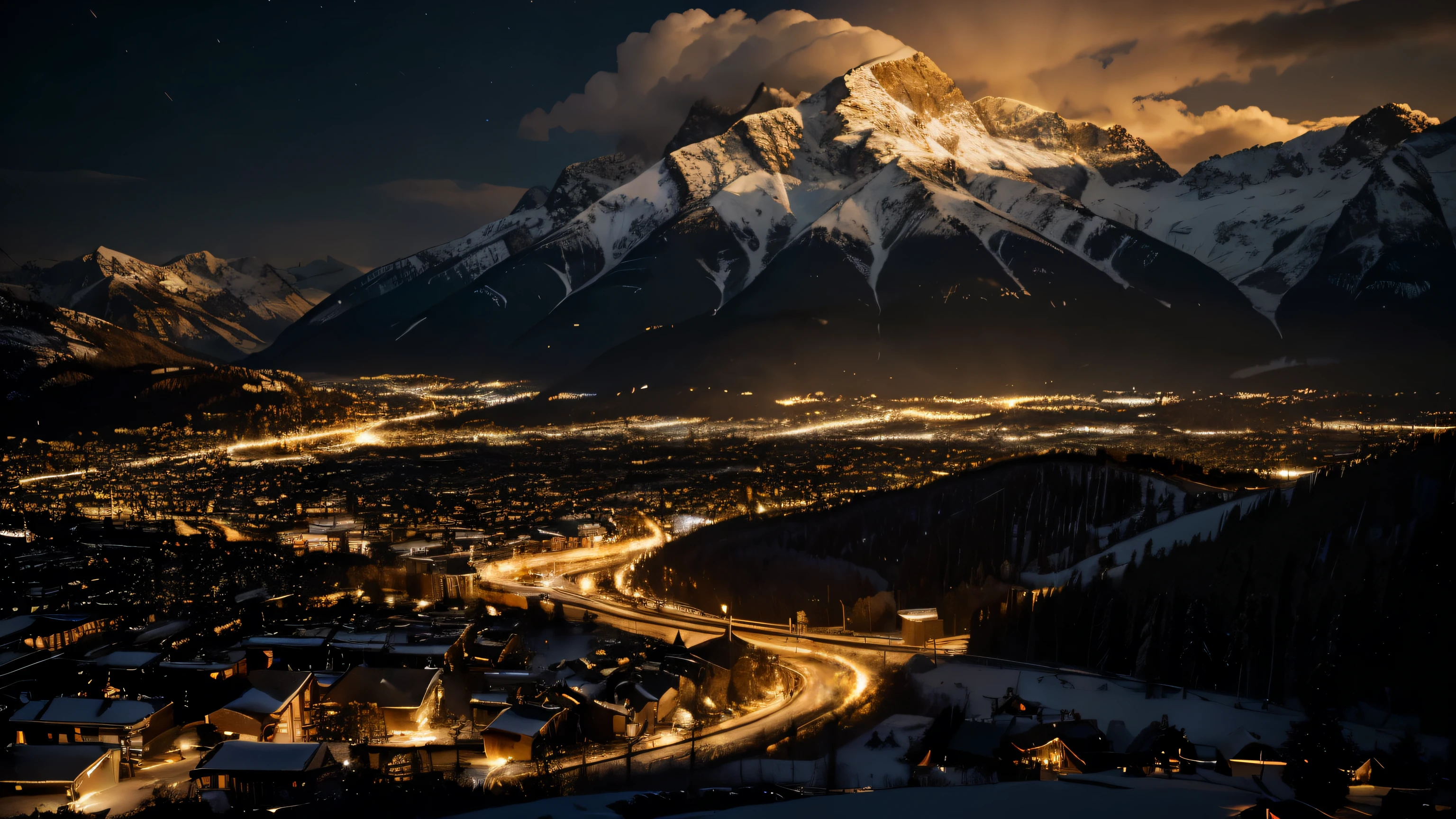 (extremely detailed 8k wallpaper), sky, night, snow, city mixed with nature, mountains, award-winning photography, dramatic lighting, (dark and golden colors), golden lights.