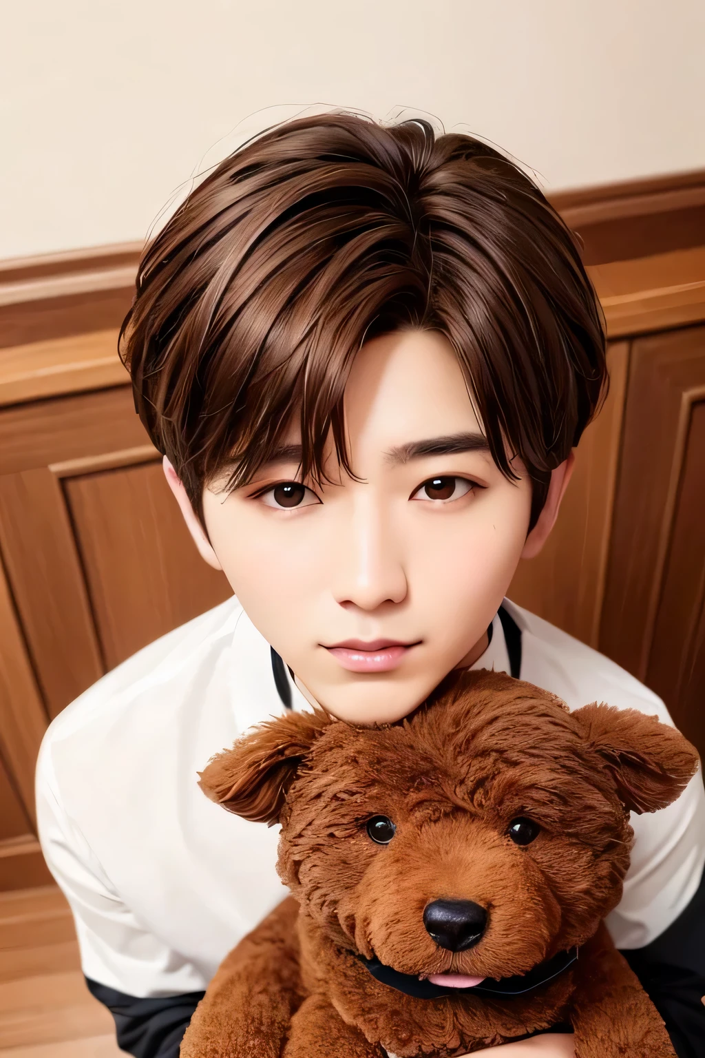 1 person、high quality,masterpiece,8k,、(brown hair)、holding a large stuffed dog、black shirt、 (shot from above)、(head shot)、 、
