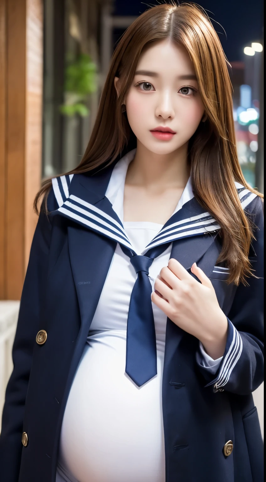 ((Night Scene, Realistic Light, Best Quality, 8k, Masterpiece: 1.3)), 1girl, Pretty Woman with Slender Body: 1.4, (Brown Hair,gigantic Breasts:1.4), (huge pregnant:1.3), Bed, Super Detailed Face, Detailed Eyes, Double Eyelids , asian woman posing for photo in pink skirt and white shirt, japanese girl school uniform, korean girl, japanese school uniform, loose coat collar sailor uniform, sakimichan, amazing student uniform, white fashionable clothes, ulzzang, wearing japanese school uniform , sleek white bodysuit set, cute kawaii girl, Korean women&#39;s fashion model