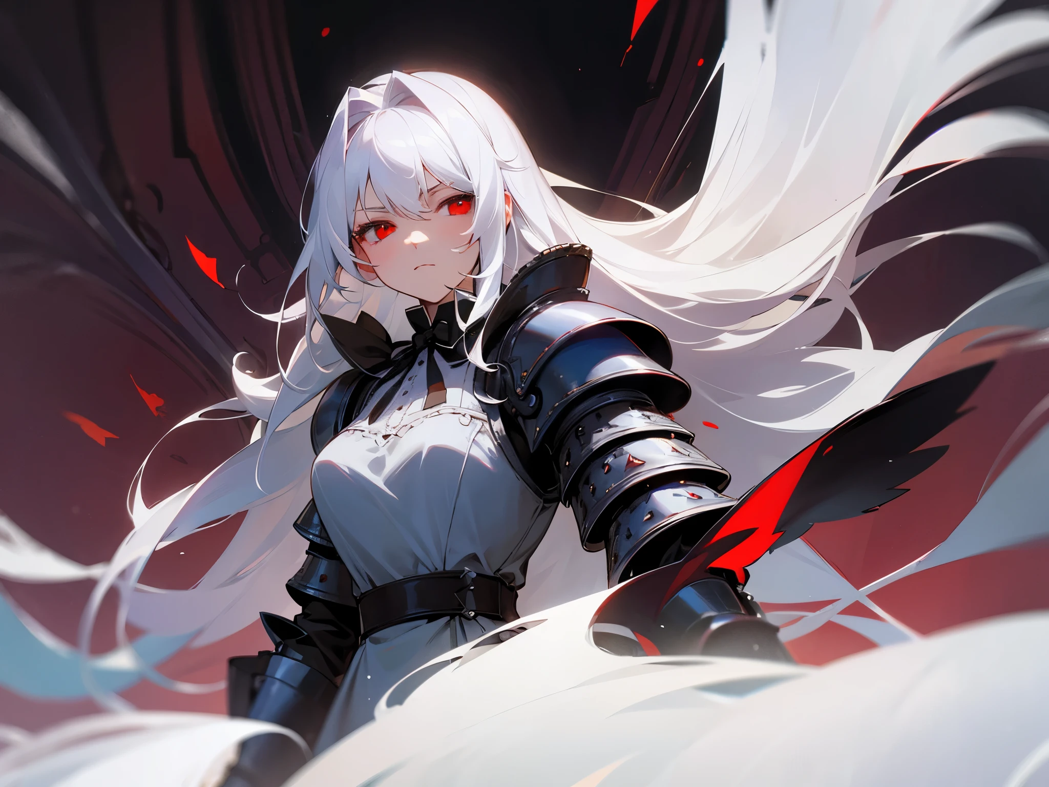 beautiful victorian maid girl with luxury or mystical armour, long white hair, red eyes, no expression.