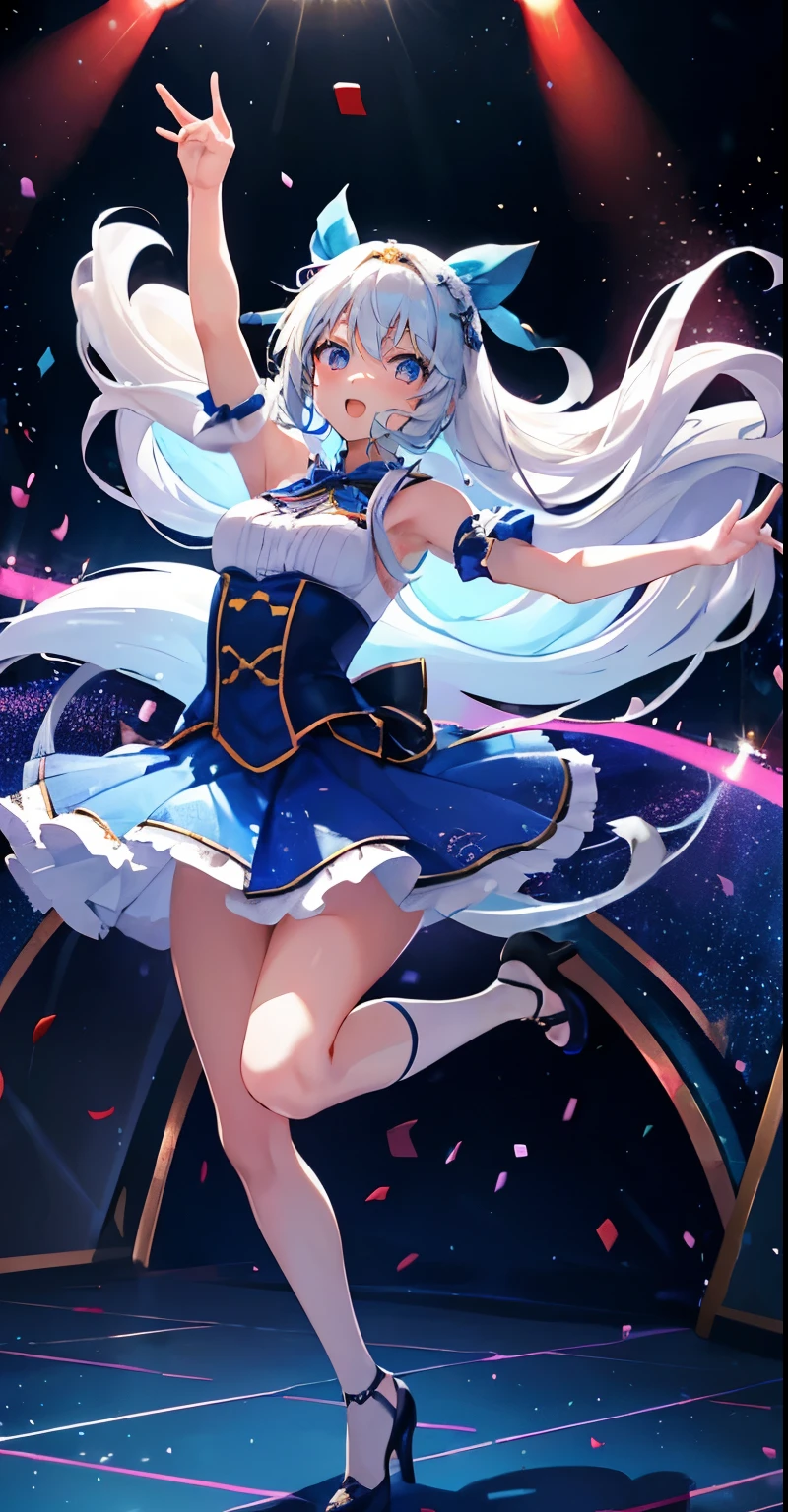 (muste piece), (best quality), very detailed, ((1 girl)), solo full body shot,Low - Angle,dynamic,jump,((A big smile)),wink,perfect face, beautiful face, very detailedな顔,(white long hair_blue eyes:1.3),idol costume,solo idol,ribbon hair ornament,concert dome,live,have a microphone,singing,smiling with mouth wide open,Laser Light,Spotlight,Lots of confetti