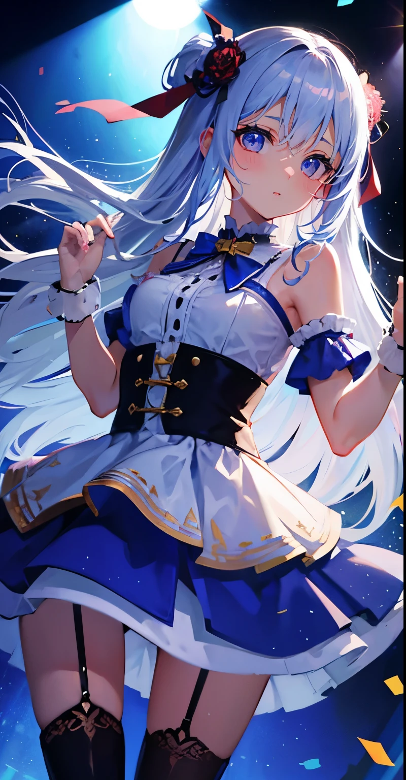 (muste piece), (best quality), very detailed, ((1 girl)), solo focus,Low - Angle,dynamic,jump,((A big smile)),wink,perfect face, beautiful face, very detailedな顔,(white long hair_blue eyes:1.3),idol costume,solo idol,ribbon hair ornament,concert dome,live,have a microphone,singing,smiling with mouth wide open,Laser Light,Spotlight,Lots of confetti