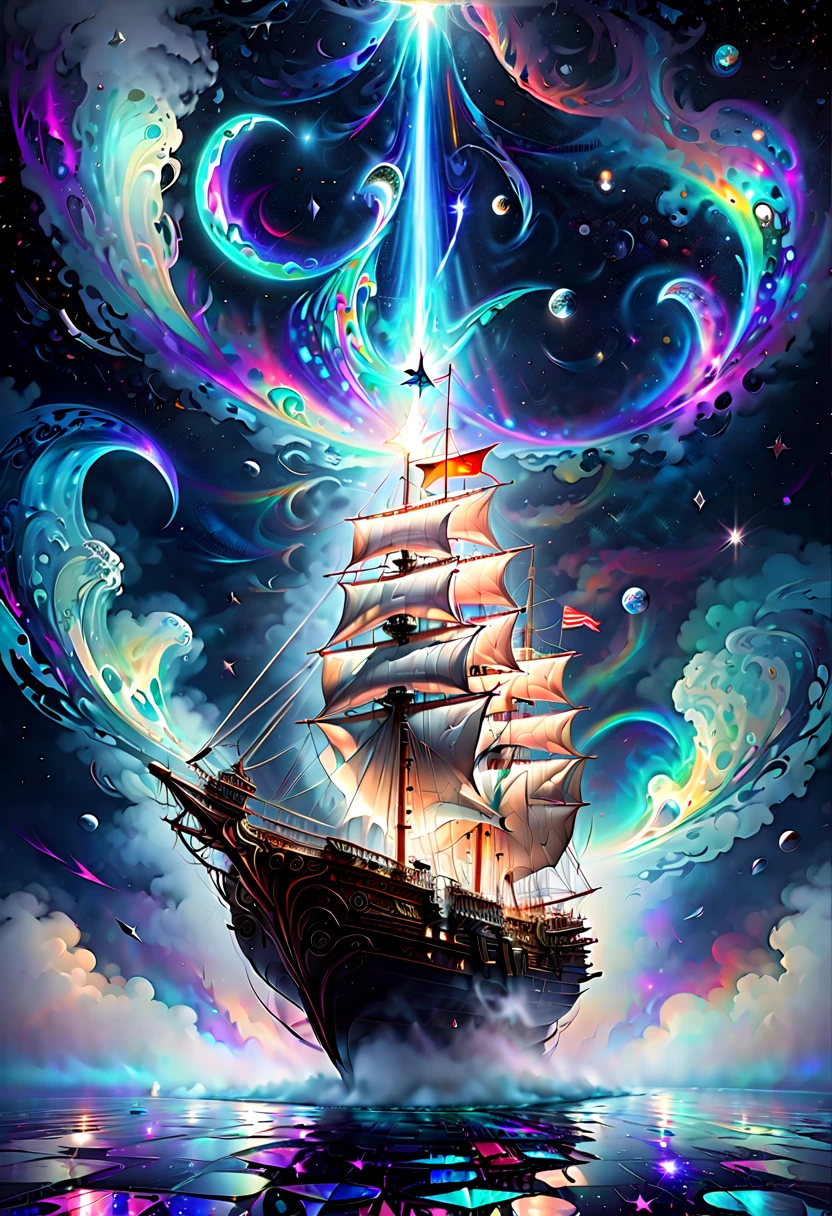 (Digital Mosaic art:2),Mosaic Tile Art,Mosaic, magic flying explorer approaching the pleiades aboard a magical sailboat in the sky,mist fog,gravity-defying,aloft flight,night sky,cosmic, (best quality, masterpiece, Representative work, official art, Professional, Ultra intricate detailed, 8k:1.3)