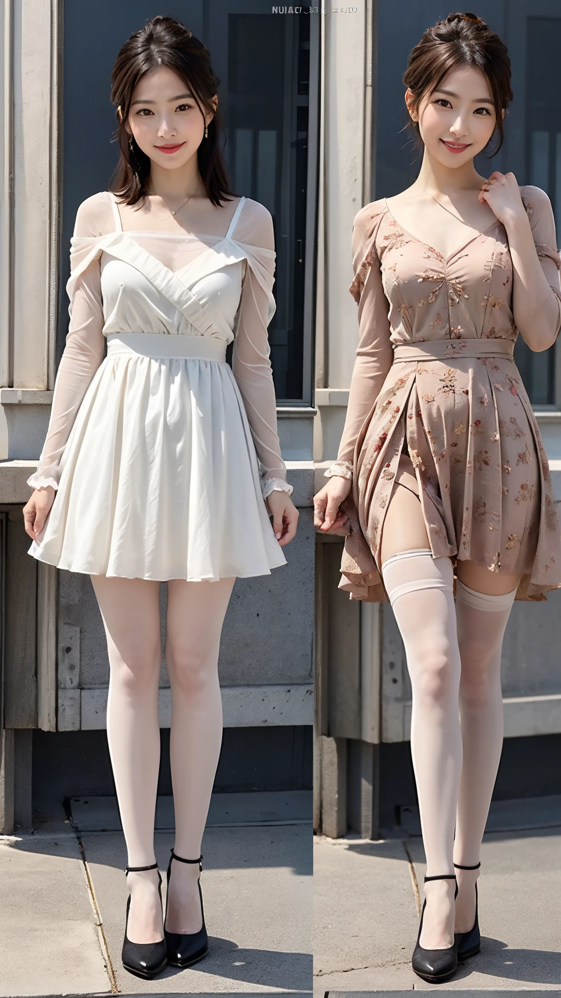 detailed background,(dramatic angles), (size difference), pink striped stockings, long stockings, pink hair, short hair, bangs, 1girl, 20 years old, Light green eyes, white hair band, Asian woman, skin indentations, cute, skinny, short:1.9 ,micro waist, slim body, thin body, white headband, full body focus, short skirt, shoulder length hair, pink stockings