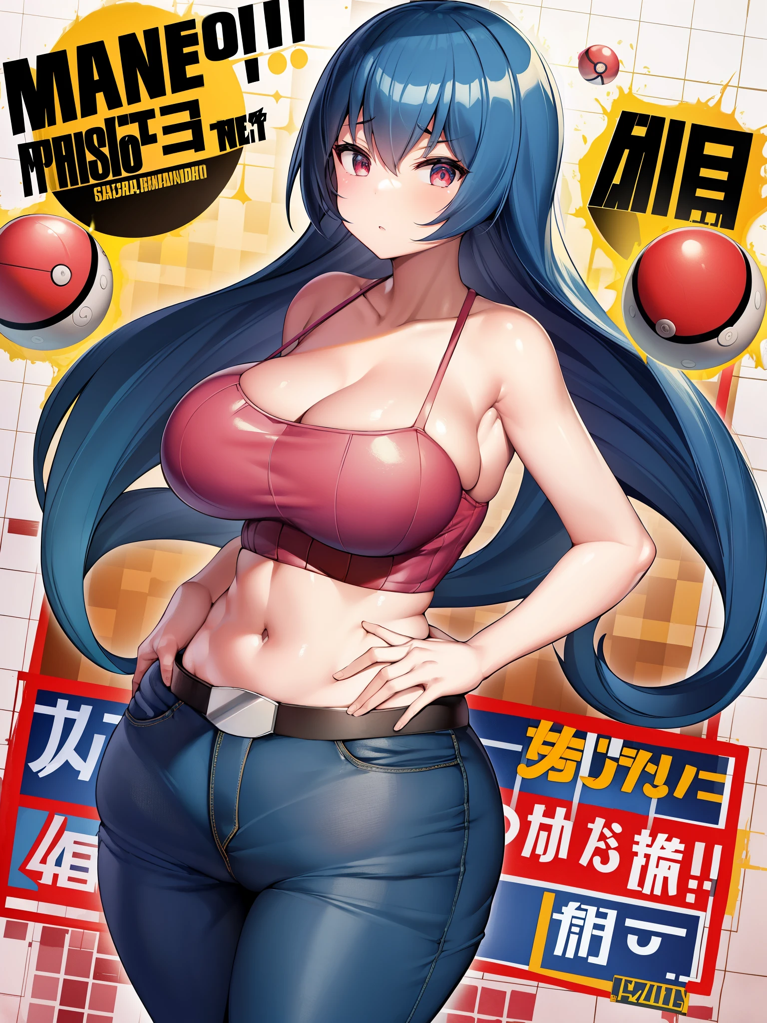 (masterpiece、highest quality: 1.2)、Pokémon、Jujube、big tits milf、big tits milf、big tits milf、Yamabuki City Gym Leader、エスパータイプPokémonの使い手、esper girl、superpower、Fudin&#39;s psychokinesis、ストレートのロングヘアで前髪ぱっつんの黒髪solo、solo、sabrina、Pokémon、flipped my hair、light blue hair、red eyes、red tank top、Spaghetti strap、Crop Top、white pants、bare shoulders、big breasts、telekinesis、camisole、big breasts、thick thighs、wide hips、narrow waist、big ass、jeans、butt crack、kneel down、T-back、From above、Whale Tail
