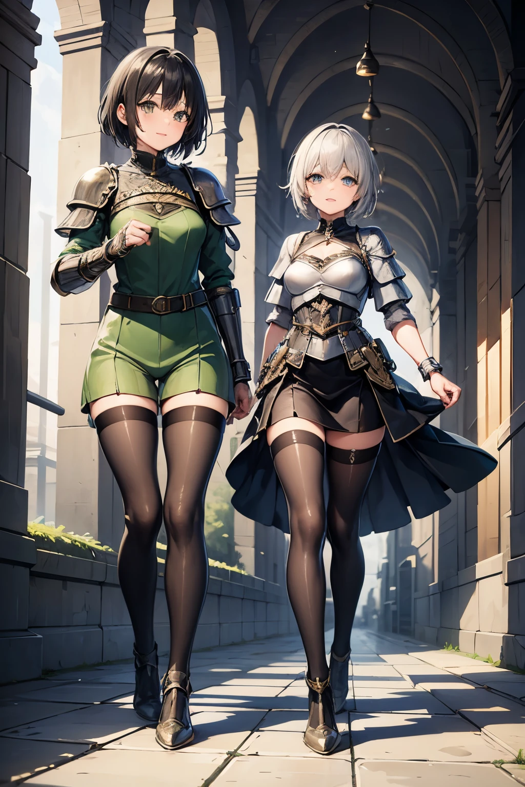 (((masterpiece))), (((best quality))), ((ultra-detailed)), (cinematic lighting), (illustration), (beautiful detailed eyes), (2girls), full body, space, knight, armour, light hair, skirt, walking, medieval city, (masterpiece, 2girls A and B), best quality, expressive eyes, perfect face, Girl A: (black hair, long hair, wearing skirt, black pantyhose, green and grey armour, green baggy shirt), Girl B: (white hair, short hair, jumpsuit, silver armour),