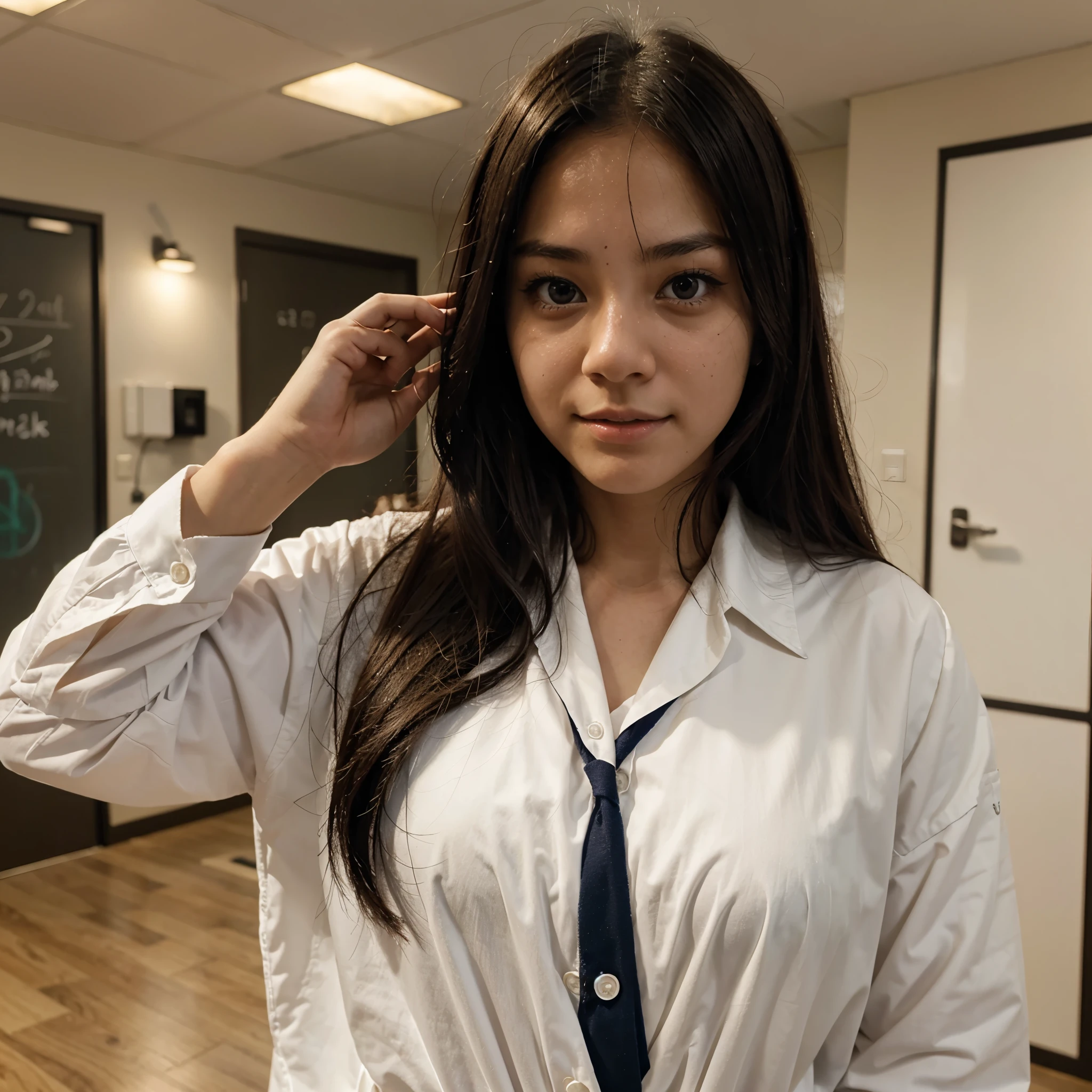 A close-up of a age girl cosplaying as Nagatoro-san wearing a Japanese school uniform
