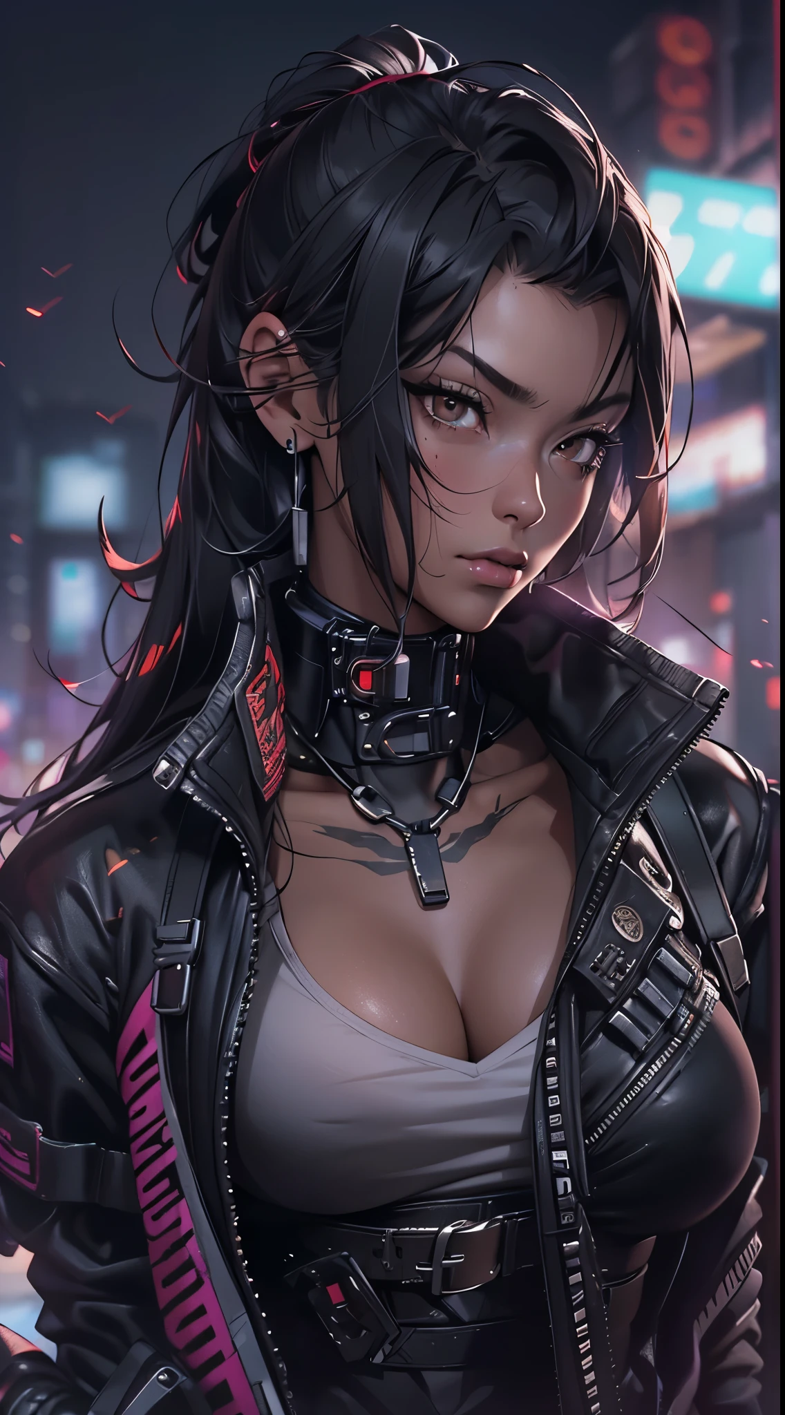 "Complete artwork masterpiece, high quality, ultra detailed in 4k, 8k, high resolution, hyper-realistic photo, hyper-detailed, realistic skin texture, amazing shadows, highly detailed background, extremely detailed texture, perfect lighting, high-level image quality. ((A female street samurai from a cyberpunk Future, Black jacket, inspired by shadowrun, fair skin, full body pic, long black hair, brown eyes, defined face, small breasts)), choker, use woman from reference picture as role model, city at night