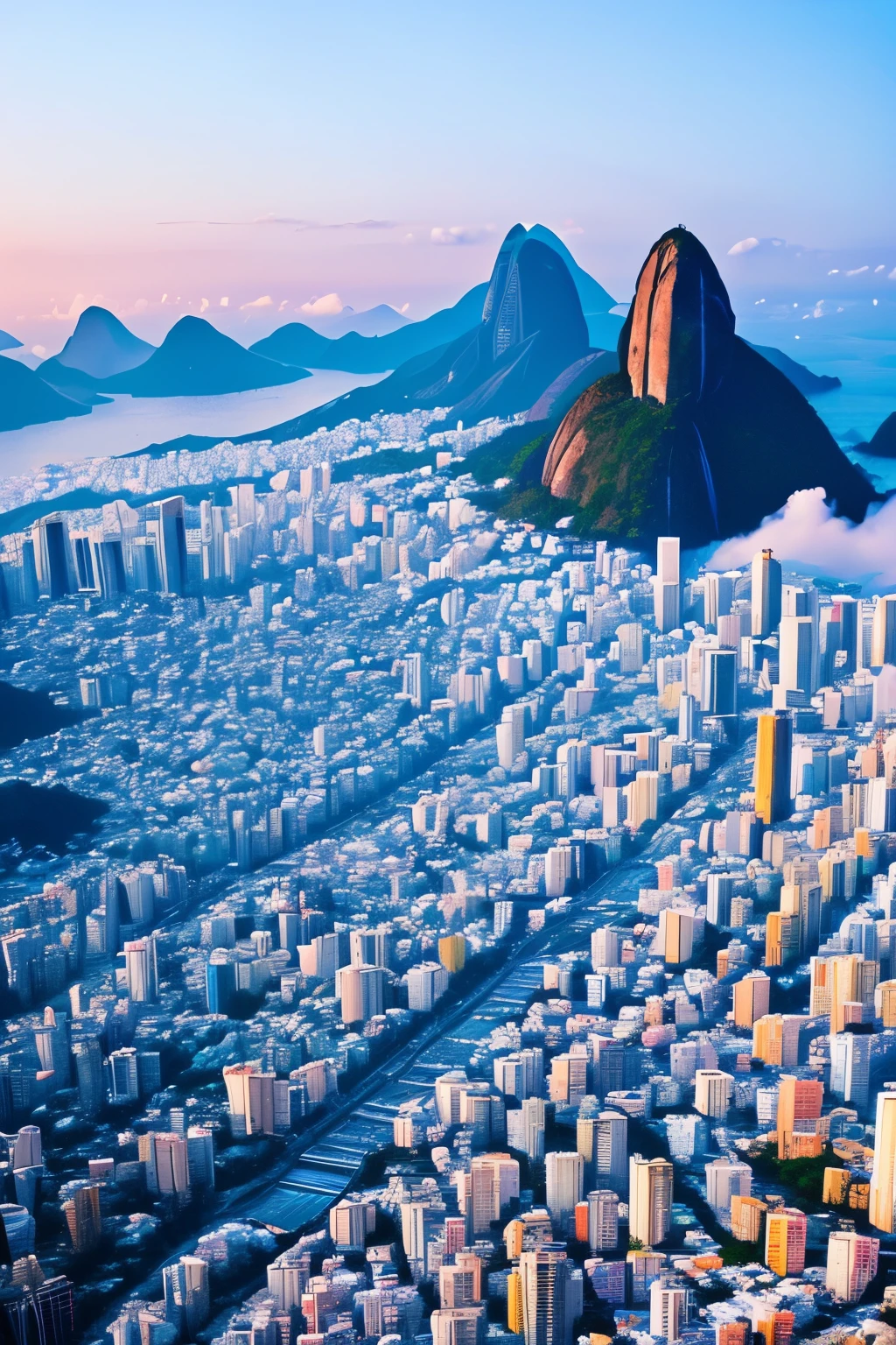 A breathtaking color photograph of Rio de Janeiro encapsulated in a rare and magical snowfall. Snowflakes blanket the iconic landscapes, transforming the city into a winter wonderland, reminiscent of a White Sugar Christmas. Long exposure captures the unique beauty of this uncommon scene, as the cameras of skilled photographers and directors, fashion designers record this extraordinary event. The vibrant hues of the city contrast sharply with the pristine purity of the snow, creating an enchanting tableau. Experience the fusion of tropical Rio and winter charm, as this magical moment unfolds on the canvas of this masterful image. ---s2

A mesmerizing, full-color photograph
