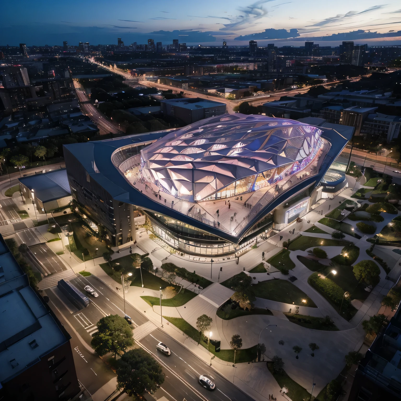 Estadio deportivo de tenis cubierto con un parque casi, luces de la ciudad al fondo