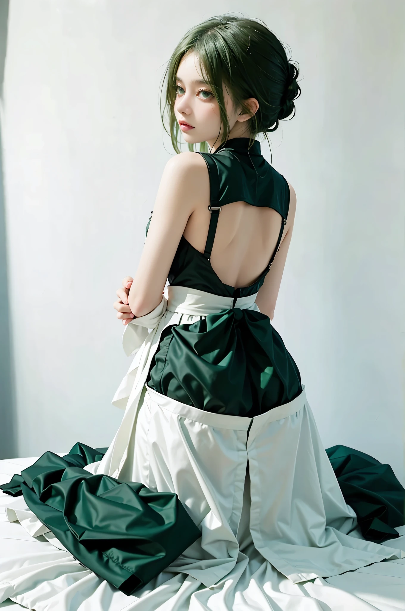 1girl, maid, dress, green hair, in bed, view from behind, taking off cloth, open cloth