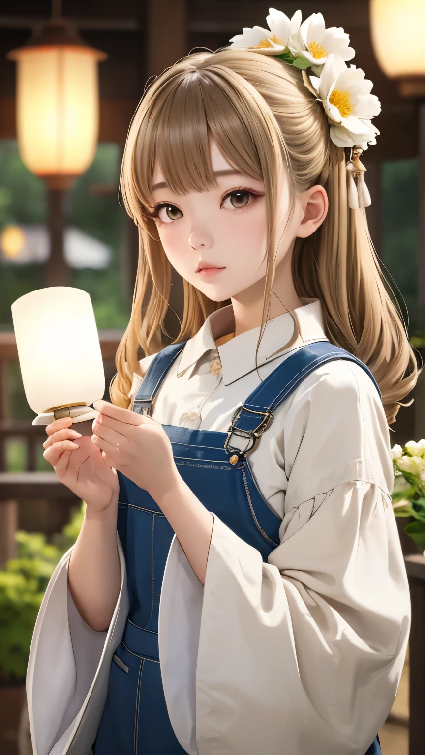 dark room、Girl Looking Sideways、Landscape、An ennui look、(((Blurry overall:1.2)))、pale colors、A mysterious space、big flower hair ornament、white flower hair ornament、beige hair、cute face、small breasts、medieval white shirt、(((Increased depth of field)))、big collar、lantern、沢山あるlantern、candle、candleの灯、Pale flame、lantern