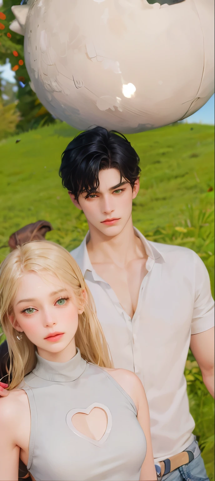 Couple, 1 girl 1 boy, different hair color, long blonde hair, wavy hair, no bangs, grey eyes. Turtleneck jumper and jeans. Short black hair, wavy and (green eyes) , black t shirt and jeans, height different, detailed eyes, face, hand. They look at the viewer. They hug. They are near pine trees with snow. Full figure. Background snow forest