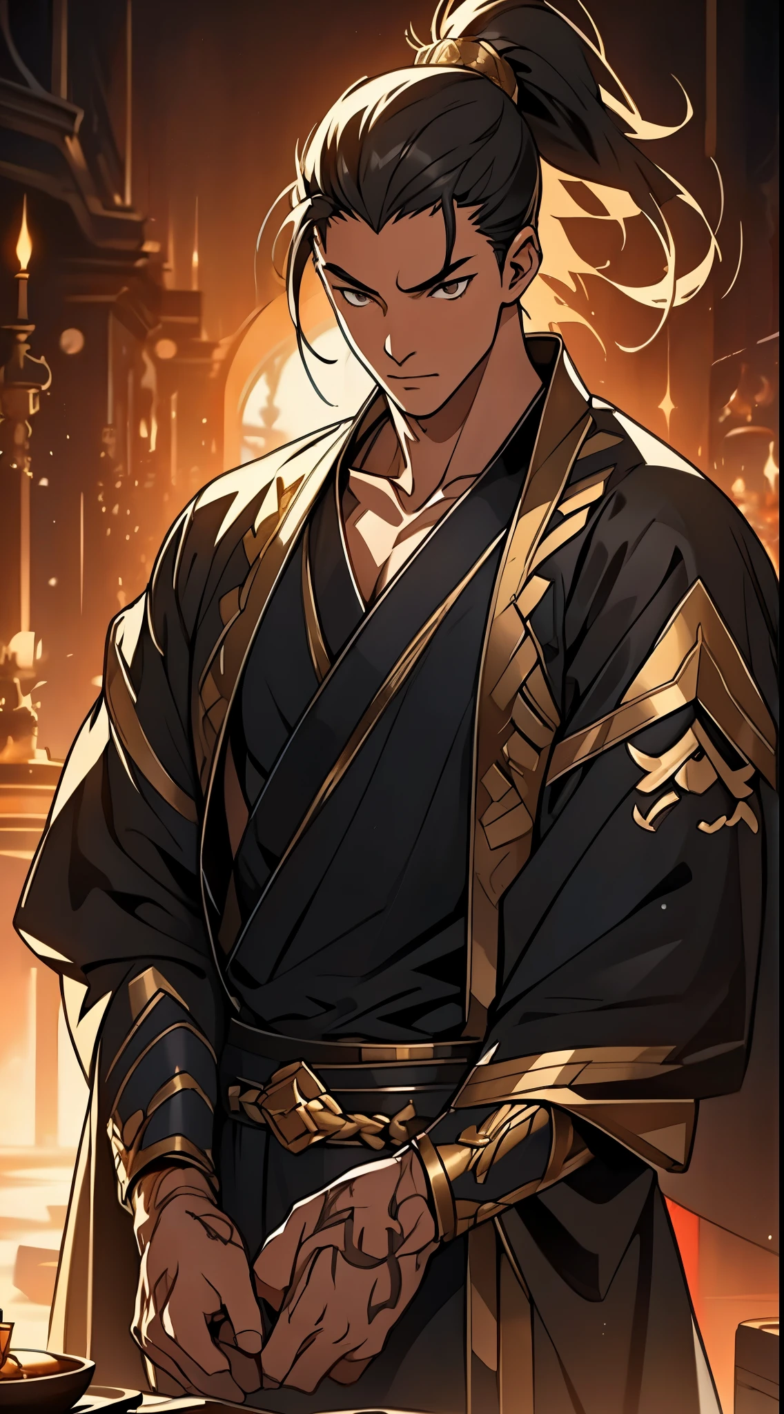 Two dimensions,anime style,one person(male warrior),proportions are correct,facial details,swordsman,high ponytail hairstyle,neck detail,Have an Adam's apple,Black and gold robe,joke,Black and gold robe,clothing details,Hand over,long sleeves,Game quality,fencing,Ray tracing,Ray tracing,Detailed glow,CG rendering,hair details,Long black and blond hair,Black-gold eyes,Handsome,Handsome,(Youthful feeling),Costumes are complicated,Perfect composition,refine,high quality,higher details,many details,Complex background,a sense of atmosphere,
