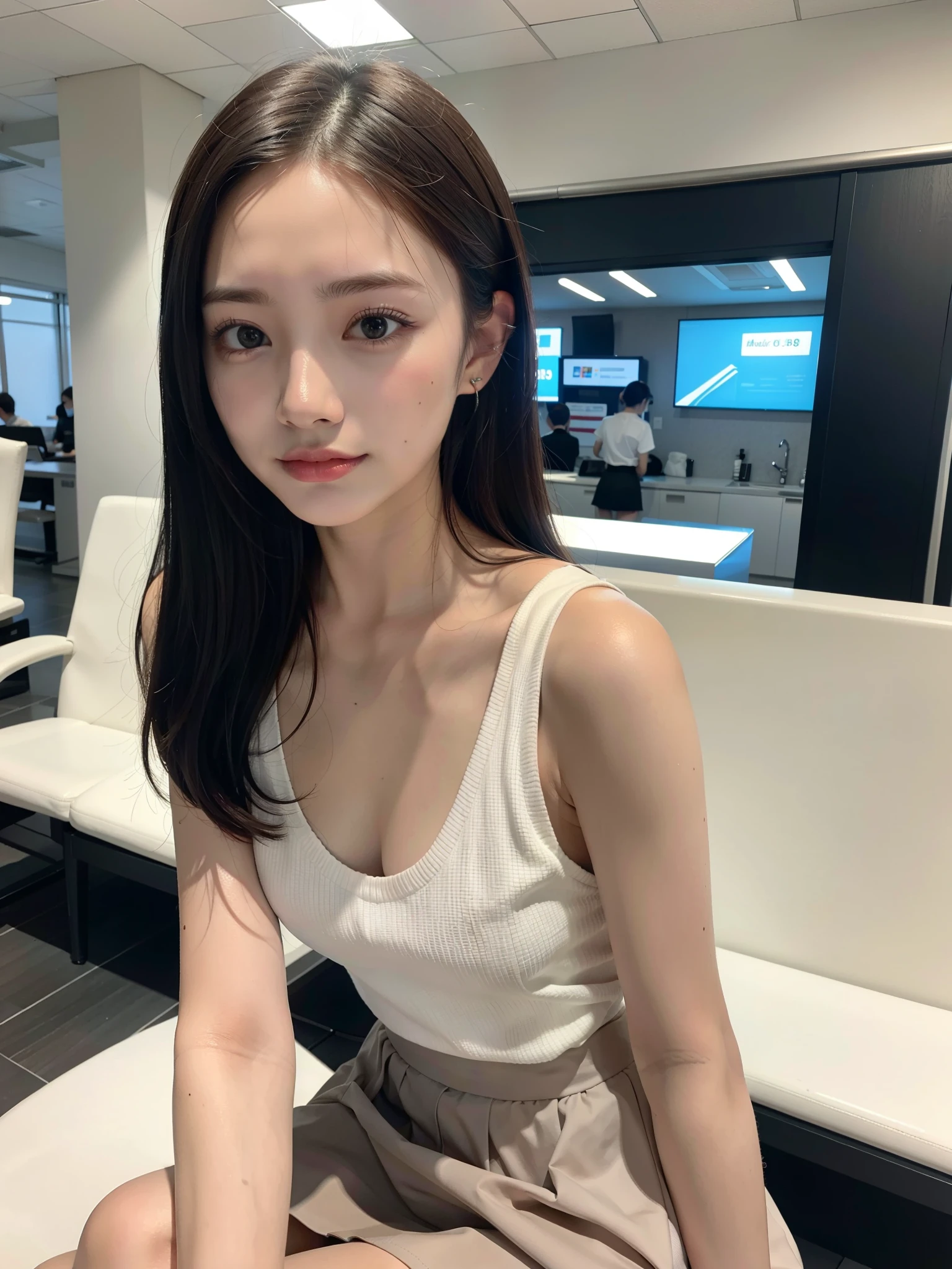 ((Best of the highest quality, 8k, Masterpiece: 1.3, raw photo)), Sharp focus: 1.2, (1 AESPA girl: 1.1), (Solo: 1.18), (realistic, photo-realistic:1.37), face focus, cute face, finely eyes, (Small breasts, flat chest, Thigh: 1.3), (nude, tite skirt: 1.3), short messy hair, updo, terminal, airport, sitting,