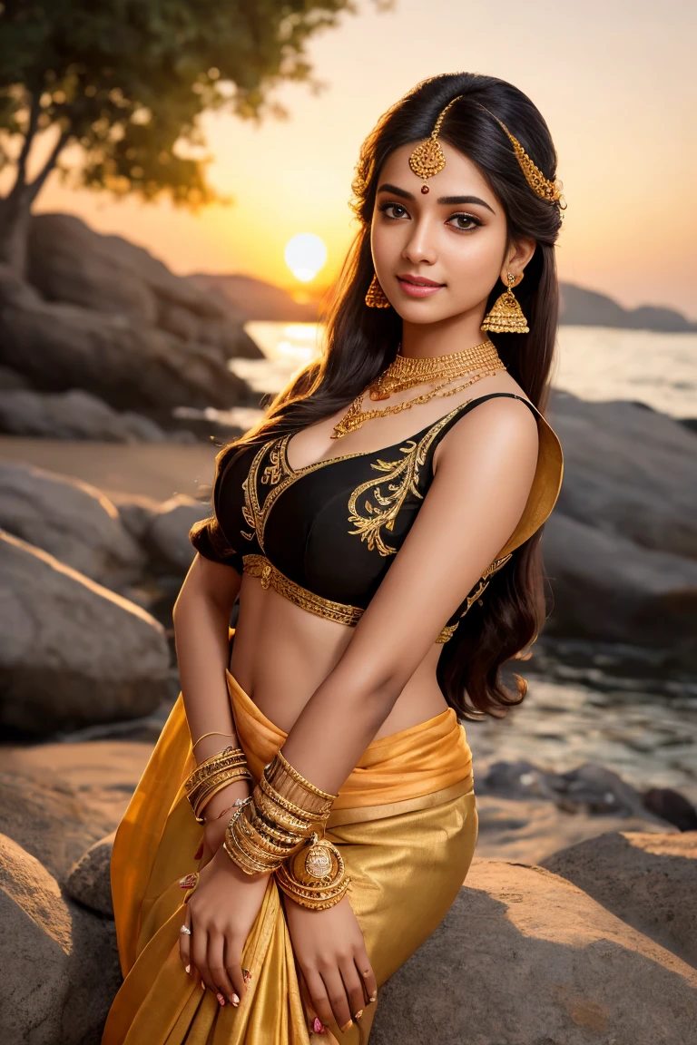 late evening scenario, photoshoot, beautiful 20 yo Tamil girl (shy smirk:1.4), facing the camera, in a black designer saree, golden half sleeve blouse, petticoat, leaning against a rock in the seashore, glowing flawless skin, holding saree mundhanai on her right hand above her head, showing front bodice round deep navel cleavage armpits, golden bangles, waist chain, gold pendant thin necklace, earrings, ponytail, show full body in the image, wide angle, long shot, meticulous detailing of face & eyes & nose & lips & anatomy & background, eyes symmetry, masterpiece, high quality, natural lighting cinematic effects, evening sky, vibrant colors, setting sun trees birds full moon people playing children in background, ornate, hyper maximalist, meticulous detailing of faces, hyper realistic background