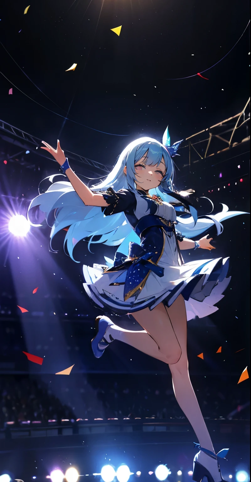 (muste piece), (best quality), very detailed, ((1 girl)), solo full body shot，Low - Angle，dynamic，jump，((A big smile))，wink，perfect face, beautiful face, very detailedな顔，(white long hair_blue eyes:1.3)，idol costume，solo idol，ribbon hair ornament，concert dome，live，have a microphone，singing，smiling with mouth wide open，Laser Light，Spotlight，Lots of confetti