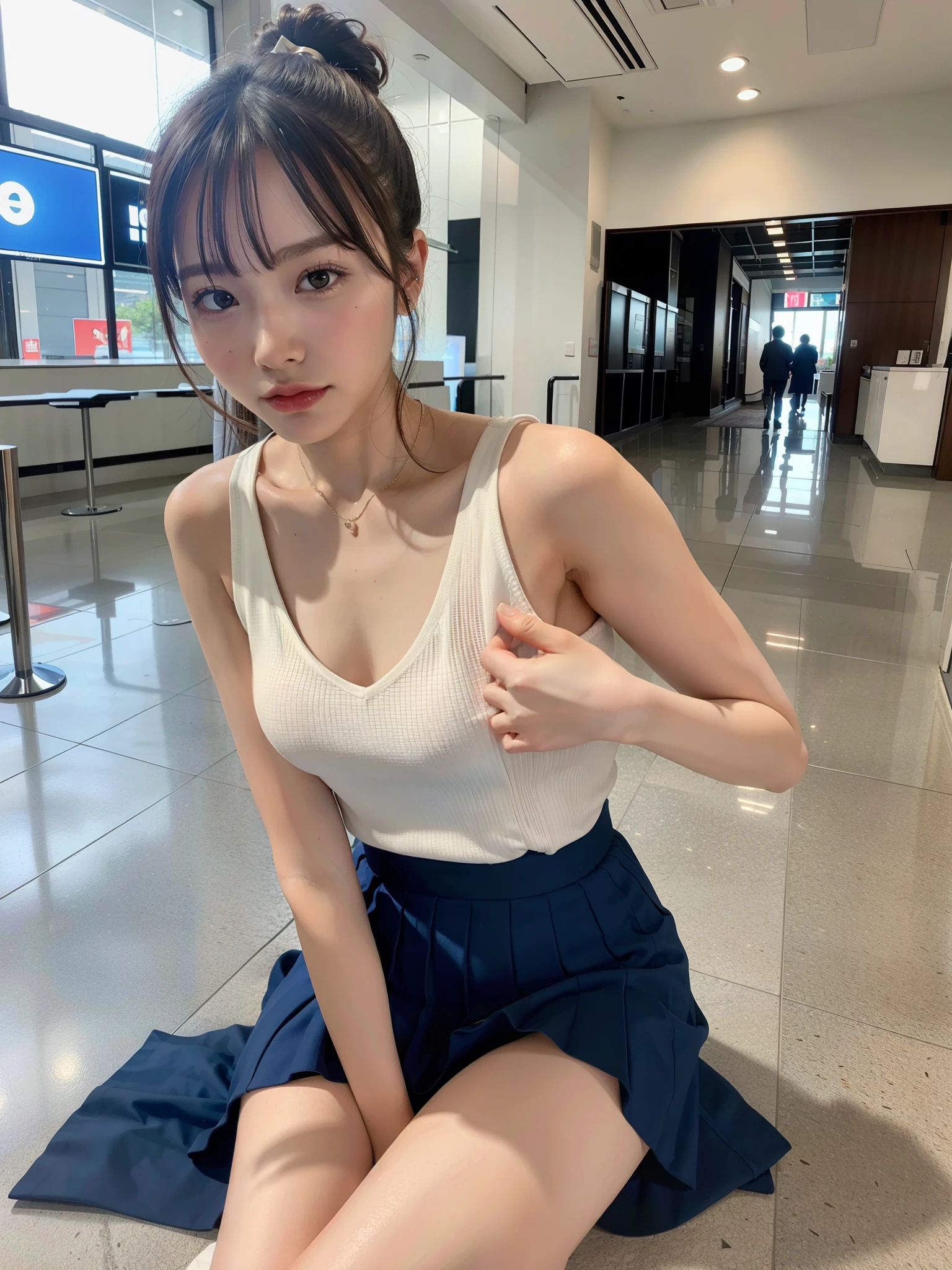 ((Best of the highest quality, 8k, Masterpiece: 1.3, raw photo)), Sharp focus: 1.2, (1 AESPA girl: 1.1), (Solo: 1.18), (realistic, photo-realistic:1.37), face focus, cute face, finely eyes, (Small breasts, flat chest, Thigh: 1.3), (nude, tite skirt: 1.3), short messy hair, updo, terminal, airport, sitting,