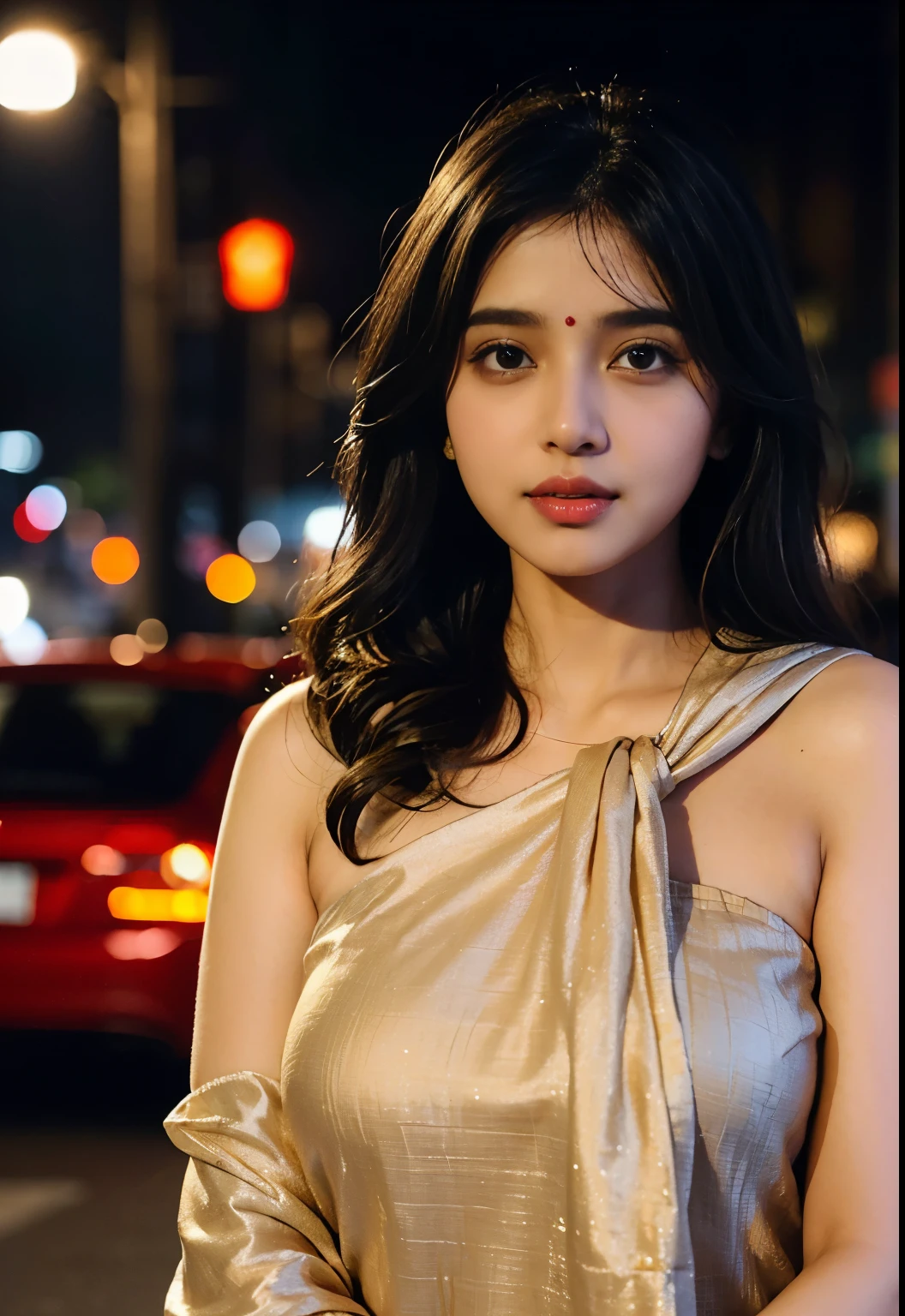 (((desi girl))), chubby face, natural skin, wearing hot deep neck top and dupatta, charming black hair, ((hair ends are blonde)), city streets background, bokeh